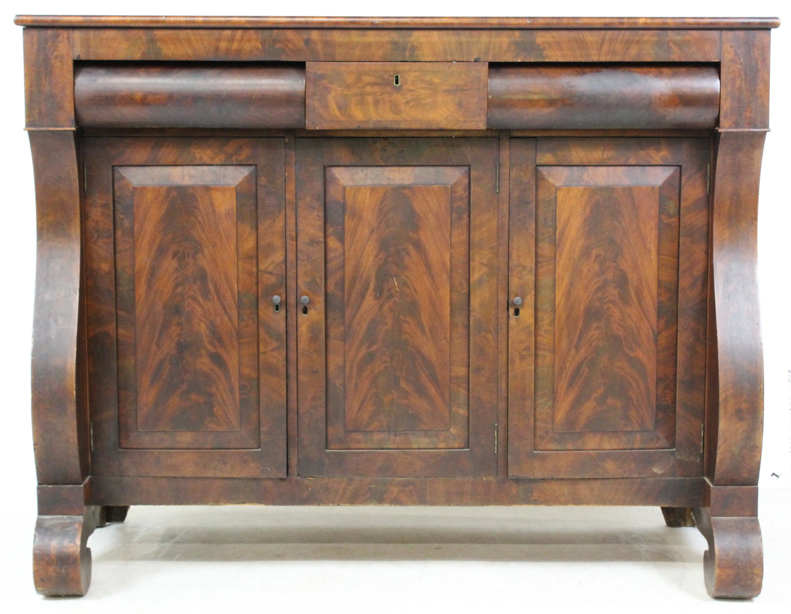 Empire Mahogany Raised Panel Sideboard: Empire mahogany sideboard, three raised panel doors, old finish, length 57", ht 45"
