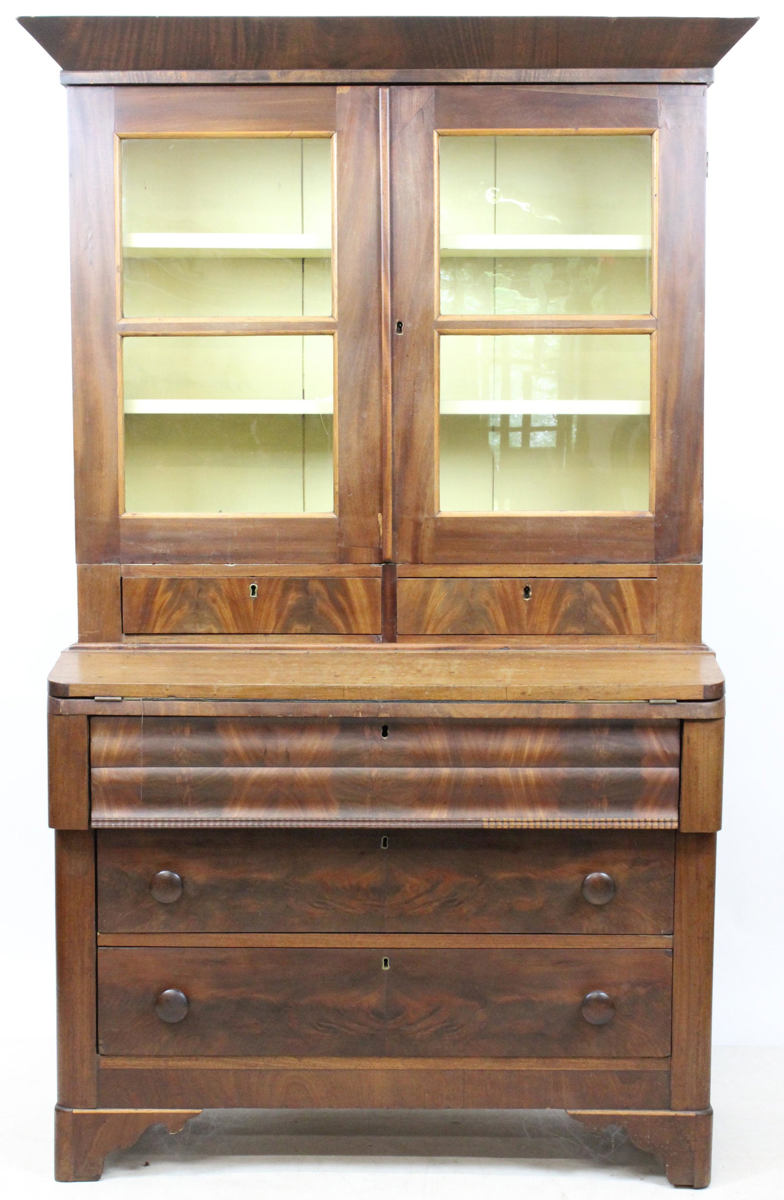 Empire 2 Part Mahogany Secretary: Empire 2-part mahogany secretary, wide cornice top, flip front, width 38", ht 68", cornice top 42 1/2"