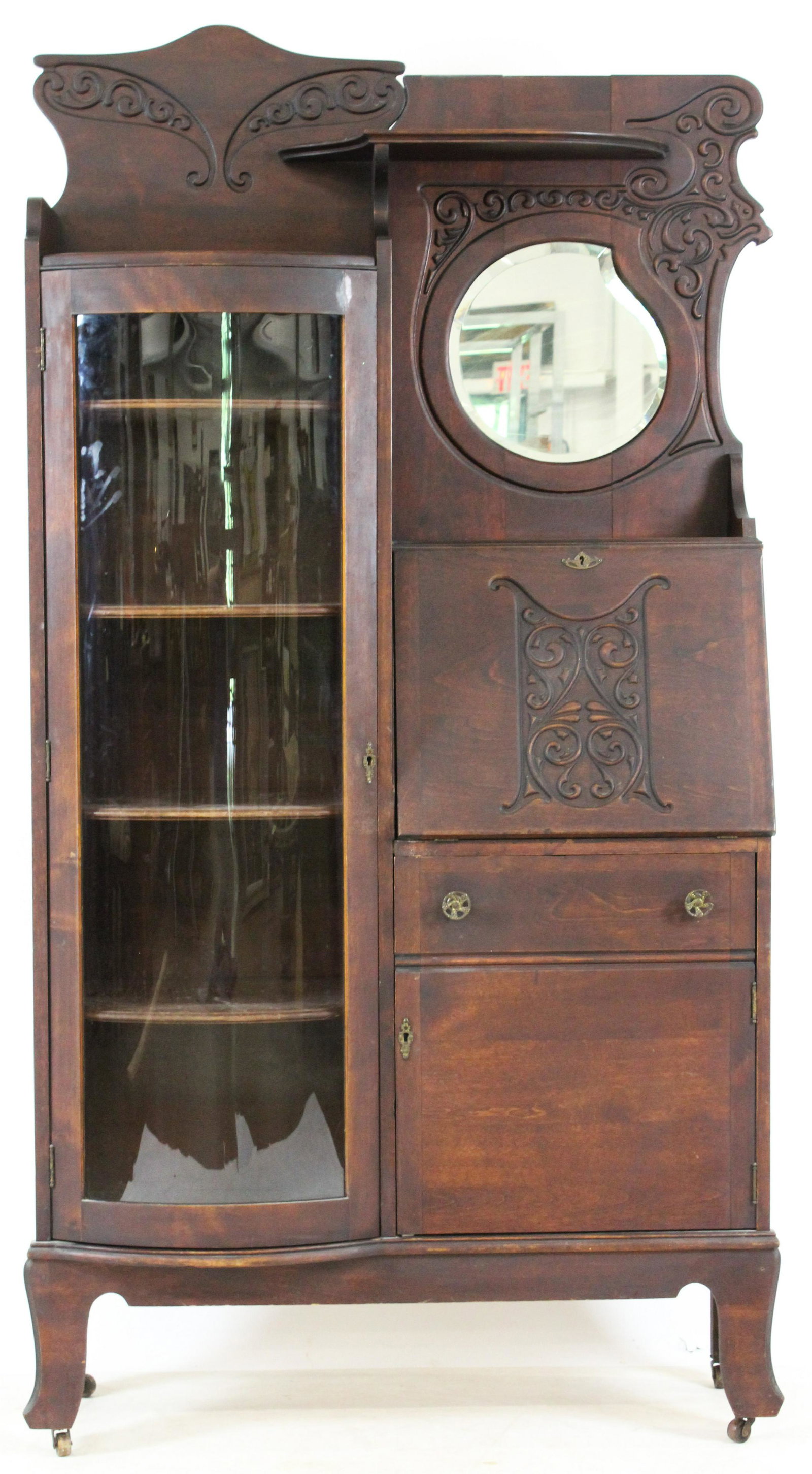 Victorian Curved Glass Side by Side Desk Bookcase: Victorian curved glass side-by-side desk/ bookcase, mahogany stained birch, width 39 1/2", ht 72"