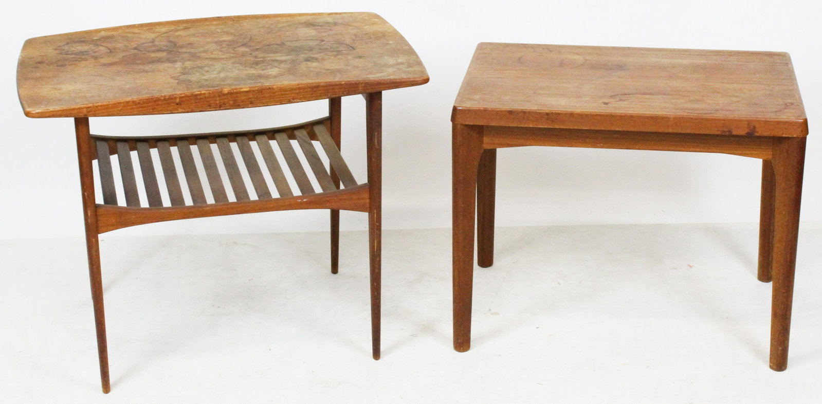 Tove & Edvard Kindt for France and Son End Table: 1960's mid-century Danish teak Tove & Edvard Kindt design for France & Son end table with lower slat shelf, retaining metal tag label under top, accompanied by a Vejle Stole Mobelfabrik Danish teak en
