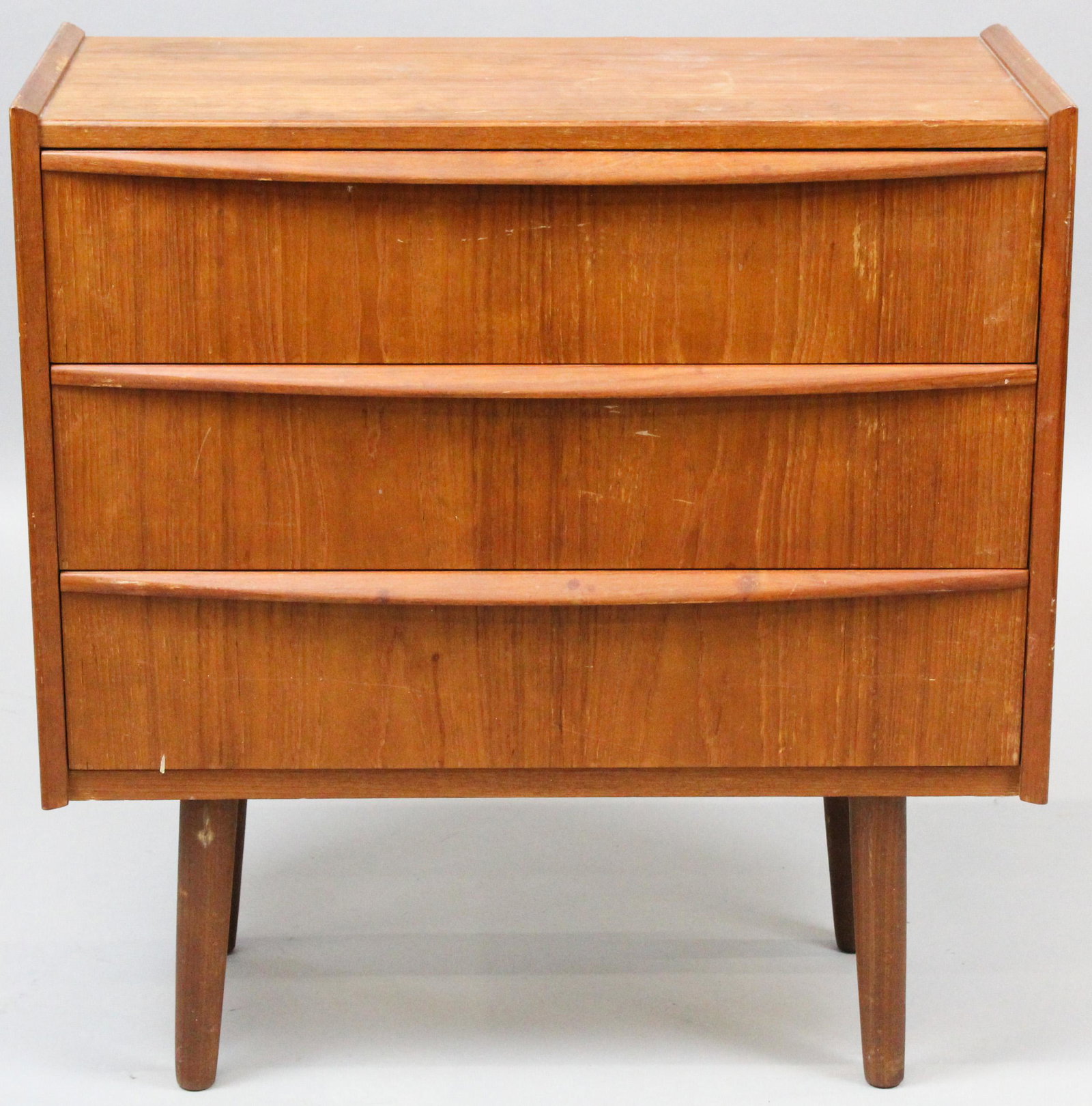 Mid Century Danish Teak 3 Drawer Chest: 1960's mid Century Danish Teak veneered 3 drawer chest or end table on tapered legs 26.5" x 25.5" x 12"