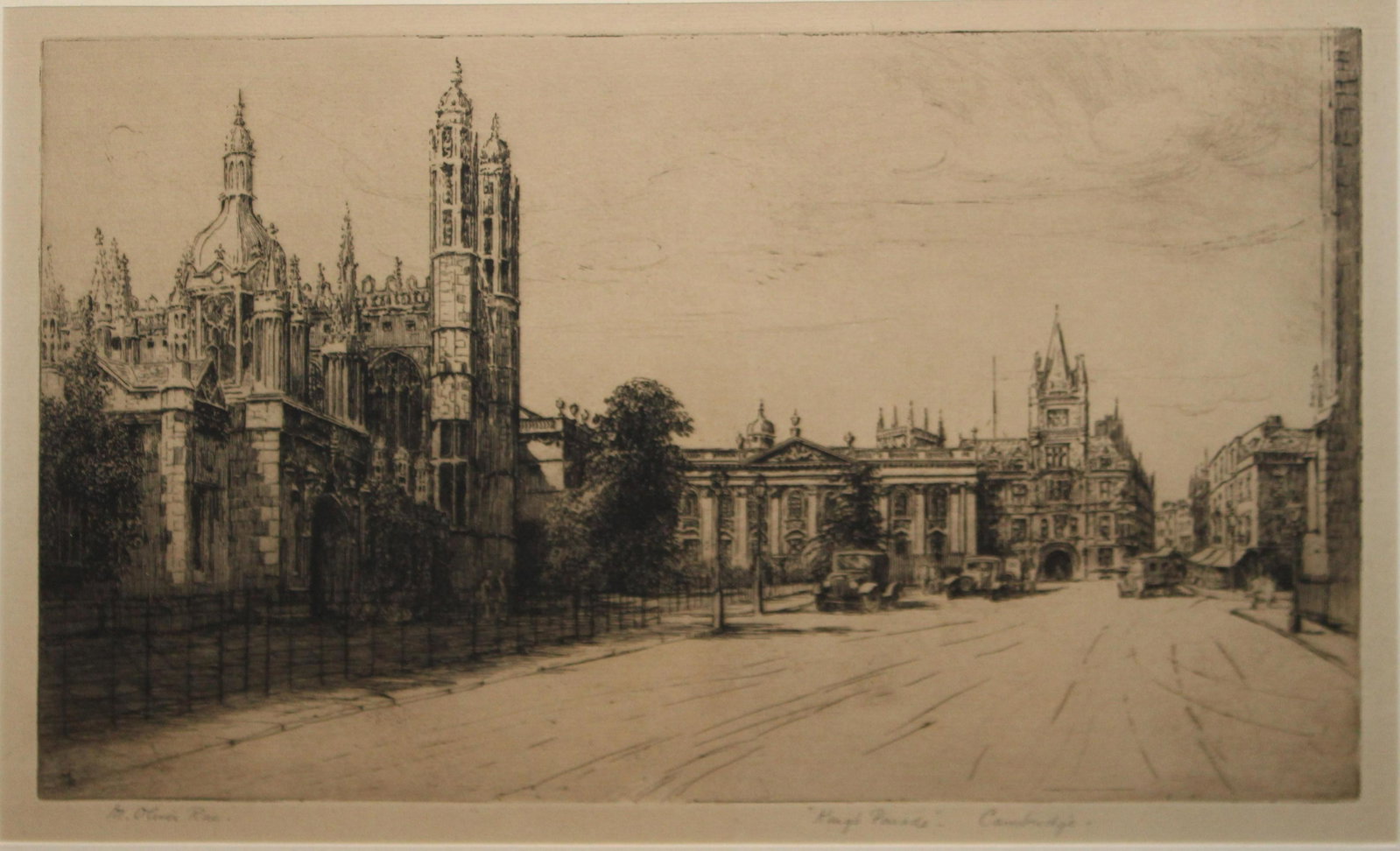 Mabel Oliver Rae (En 1868-1956) Kings Parade: Mabel Oliver Rae (English 1868-1956) King's Parade-Cambridge engraving on paper 9 x 15" signed and titled lower margin