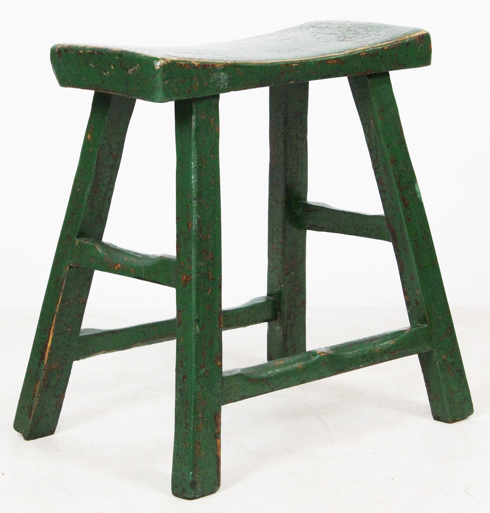 Wooden Joiners Stool in Distressed Green Paint: Chinese elm wooden joiners stool with shape seat and through tenon canted legs in distressed green paint 20" x 18" x 13"
