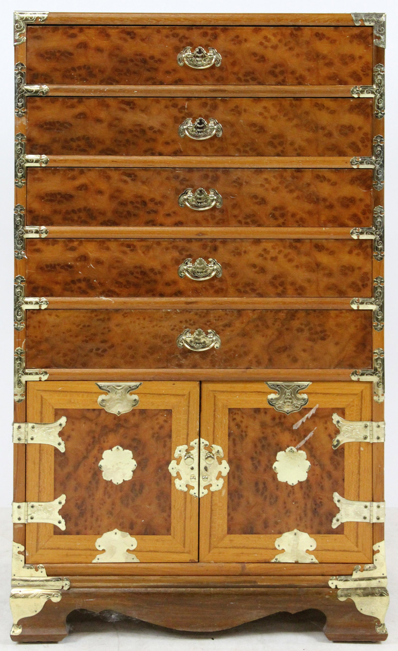 Chinese Burl Inlaid 5 Drawer Jewelry Chest: Late 20th c. Chinese burl inlaid 5 drawer jewelry or silverware chest having velvet lined interiors, over two small doors, brass bound corners 36" x 21" x 14.5"