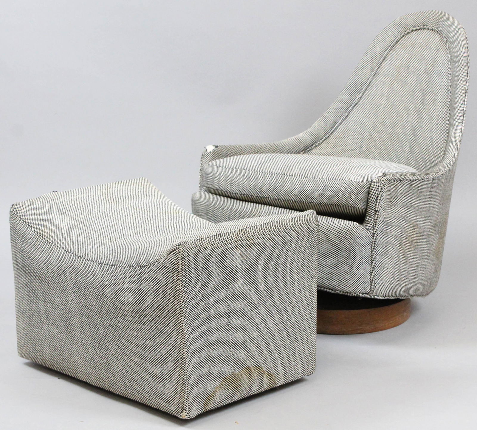 Milo Baughman Upholstered Chair, Ottoman: Milo Baughman for Thayer Coggin child size tilted swivel chair & ottoman, ht 28'