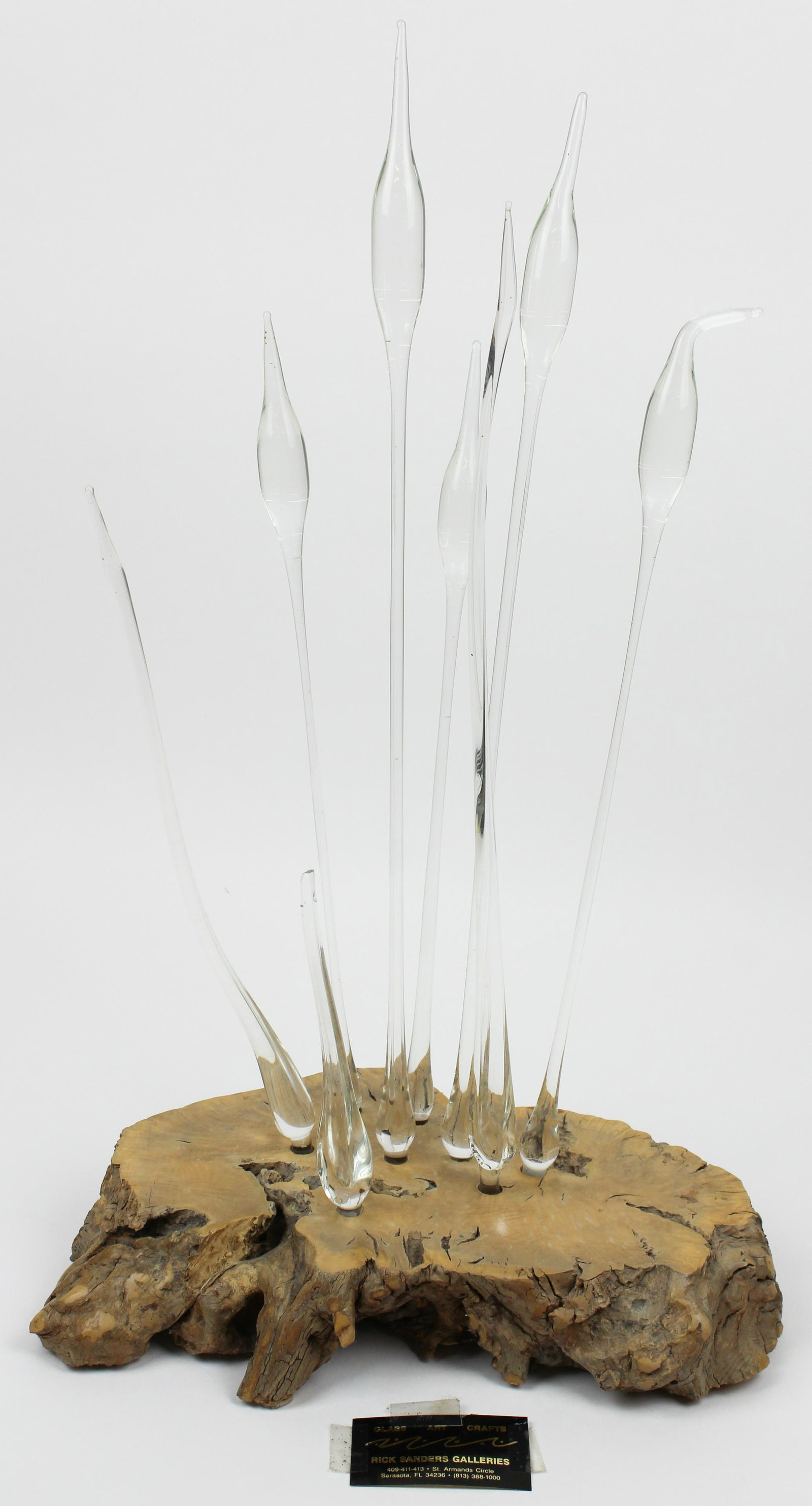 Mid Century Modern Cattails Sculpture: Mid Century Modern "Cattails" sculpture, wood and glass, Rick Sanders Galleries, sarasota, Florida business card attached to base, ht 26 1/2", one hand blown glass stem damaged