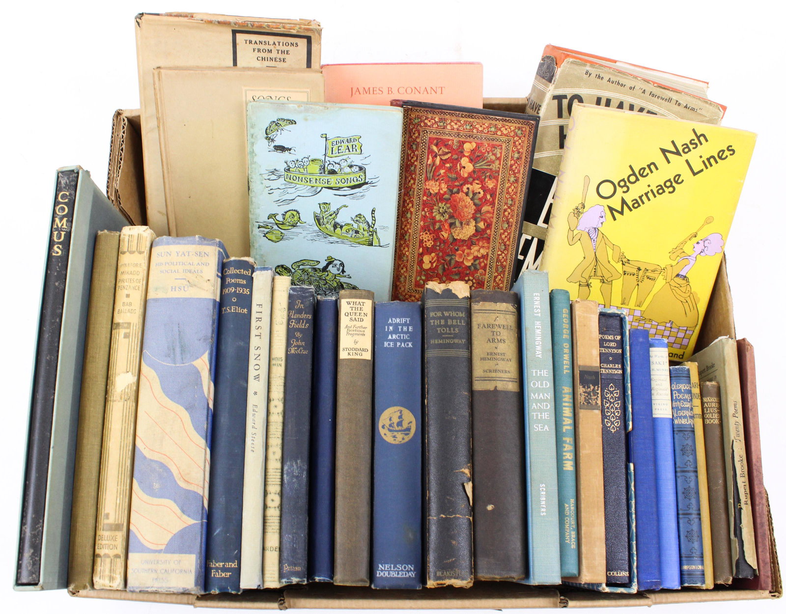 Prose and Poetry including 1st Editions: Prose and Poetry (31 pcs) including 1st editions, Ernest Hemingway "To have and have Not" (with dust jacket), "The Old Man and the Sea" (no dust jacket), George Orwell "Animal Farm" (no dust jacket), 