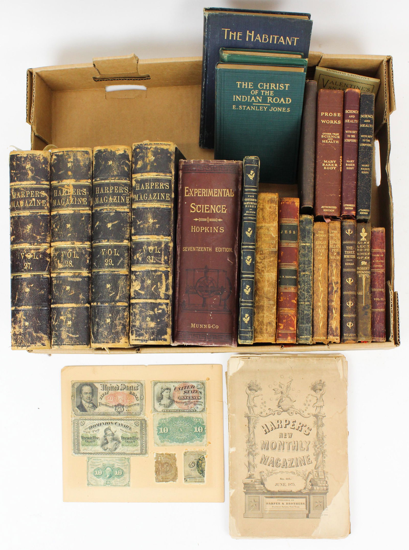 Harpers, Leather Bound Books, Currency: Harpers magazines, Mary Baker Eddy books, Robert Burns "The Cotter's Saturday Night" illustrated by Cruickshank, Fractional Currency (glued down), etc.