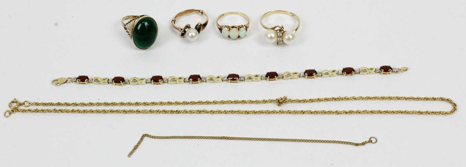 14k Rings, Bracelet, Chain: 14k rings, bracelet, chain, including pearls, opal, jade, weight 20.8 grams
