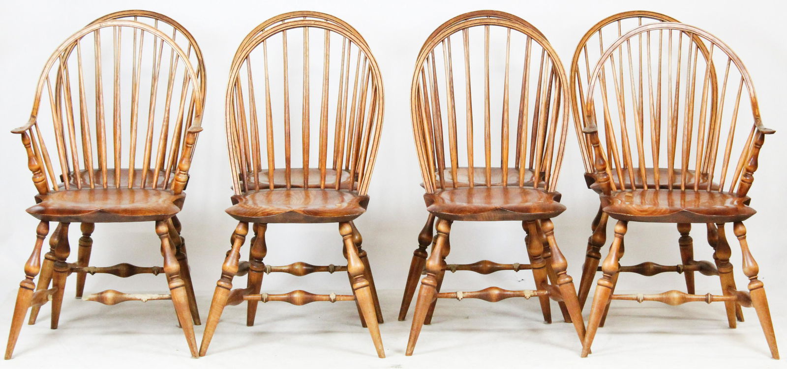 Warren Chair Works Custom Windsors: WCW Warren Chair Works custom Windsor chairs (8 pcs), including 2 continuous arm armchairs & 6 bowback side chairs, all of which have some dog chew damage (some more than others)