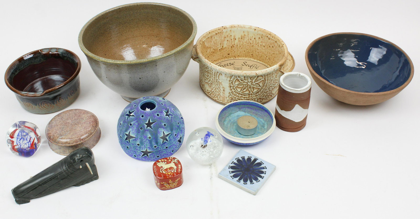 Inuit Walrus, Pottery, Decorative Decoys: Inuit walrus stone carving (one tusk damaged), Modern Art Pottery, glass paperweights, Decorative decoys, etc. (2 boxes)