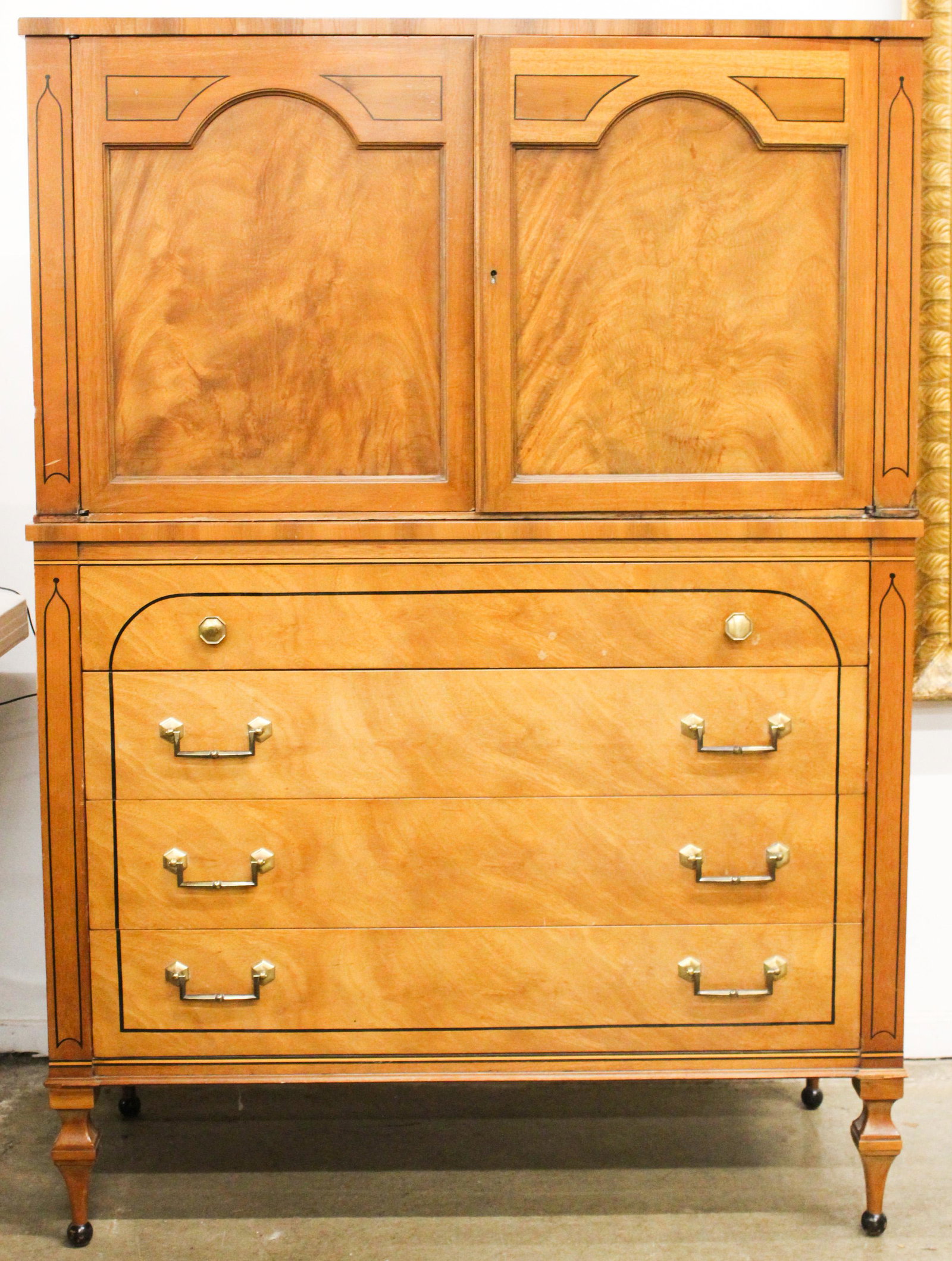 Beacon Hill Biedermeier Mahogany Gentleman's Chest.: Fine custom Beacon Hill Collection Biedermeier style mahogany two part gentleman's chest with ebony inlay upper section having two doors revealing interior slide shelves, over 4 drawers- some sun fadi