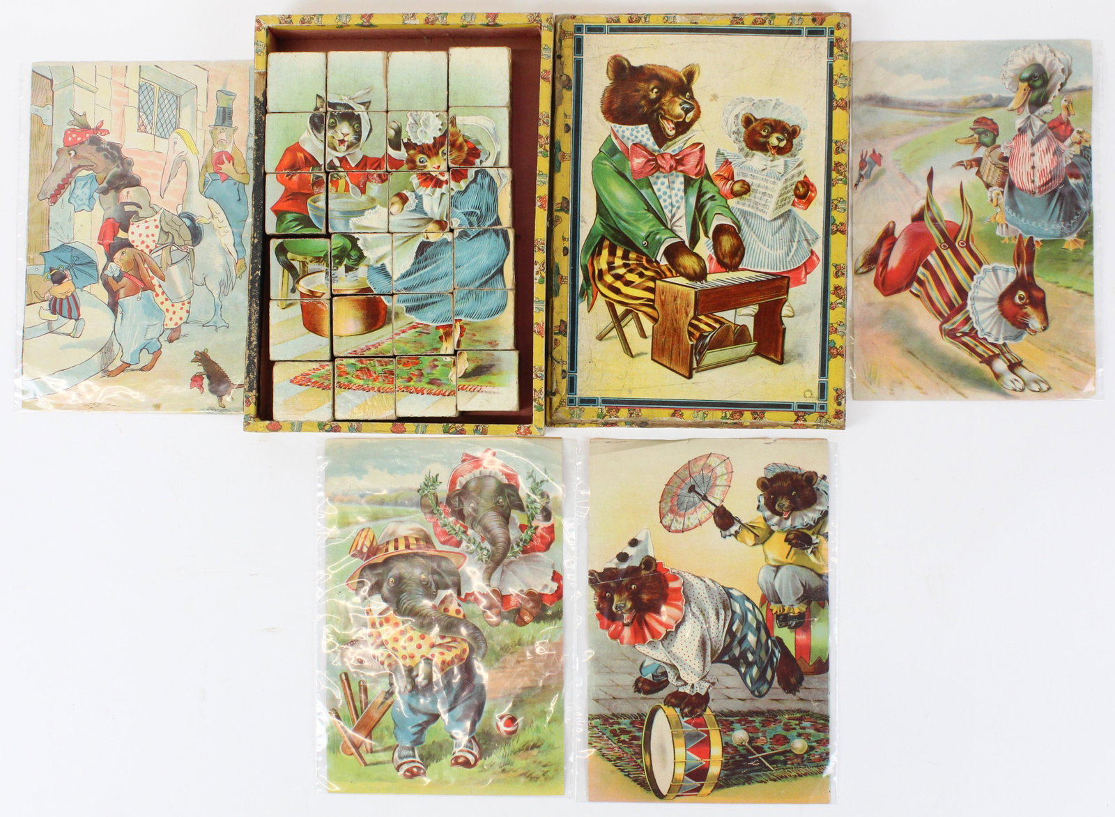German Funny Animal Puzzle Blocks: Ca 1900 German Funny Animal puzzle blocks, paper litho on wood, 6 pictures (with 4 representative sheets), 8" x 11"