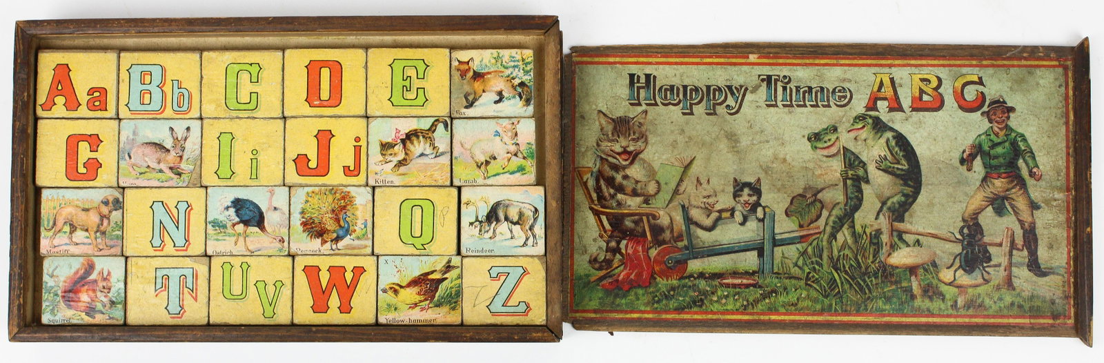 Happy Time ABC Blocks and Puzzle: Happy Time ABC" paper litho wooden blocks, case is double sided and contains "New Dissected Puzzle", itself 2-sided, double sided slide top box, 12 1/2" x 7 1/4