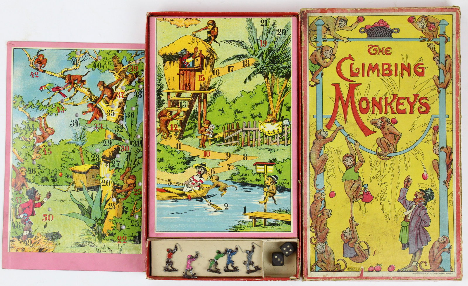 Spear Works, Bavaria Climbing Monkeys: Early Spear Works, Bavaria "The Climbing Monkeys" game, two boards, all 5 original cast metal monkeys, colorful paper lithography, slight losses on lid, 6 1/2" x 11 1/2"