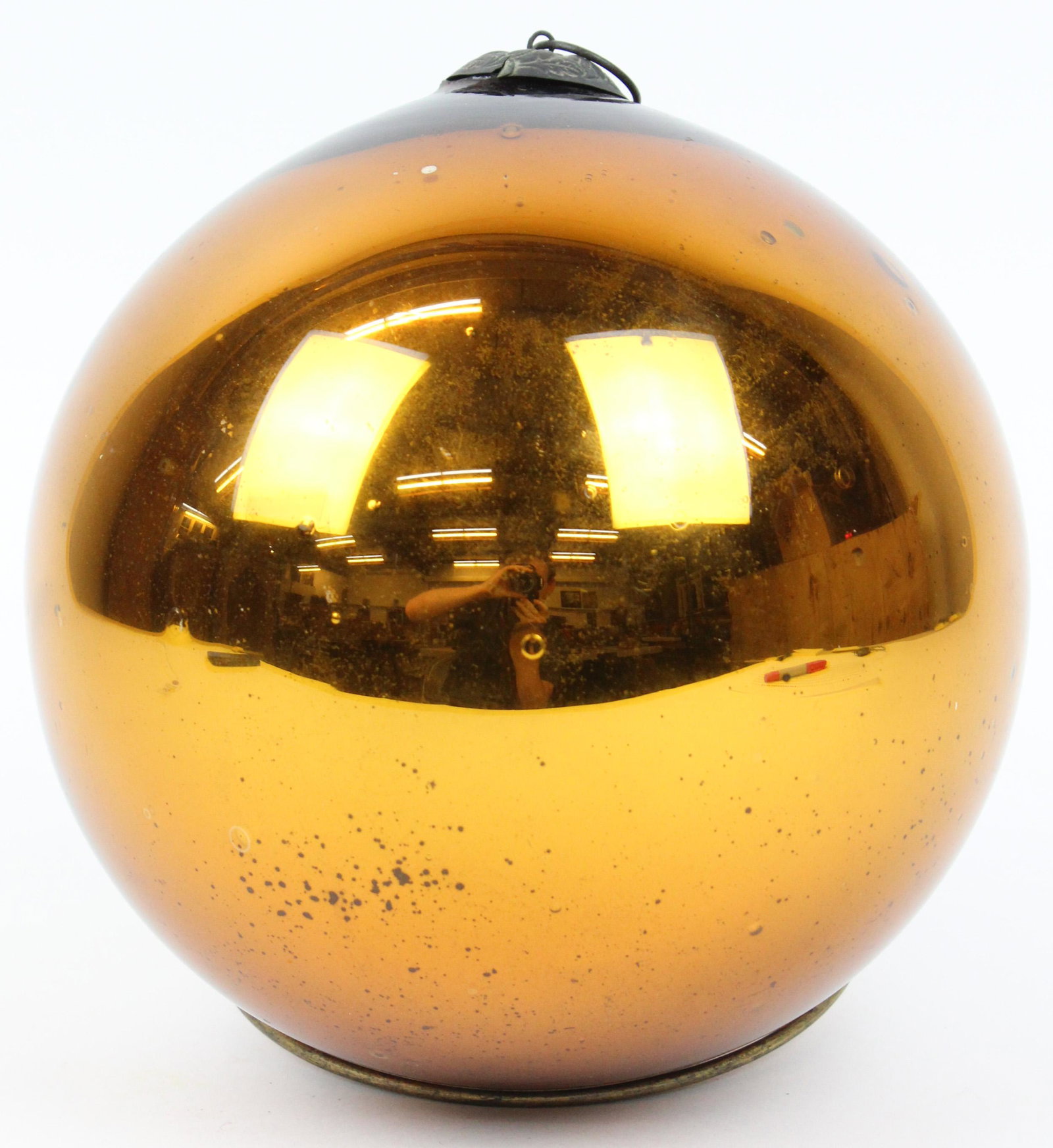 Large 19th c German Christmas Kugel: Large 19th c German blown glass Christmas Kugel ornament, gold colored glass with mercury interior, brass cap with embossed design, diameter 7 1/2", minor stress check on shoulder probably in manufact