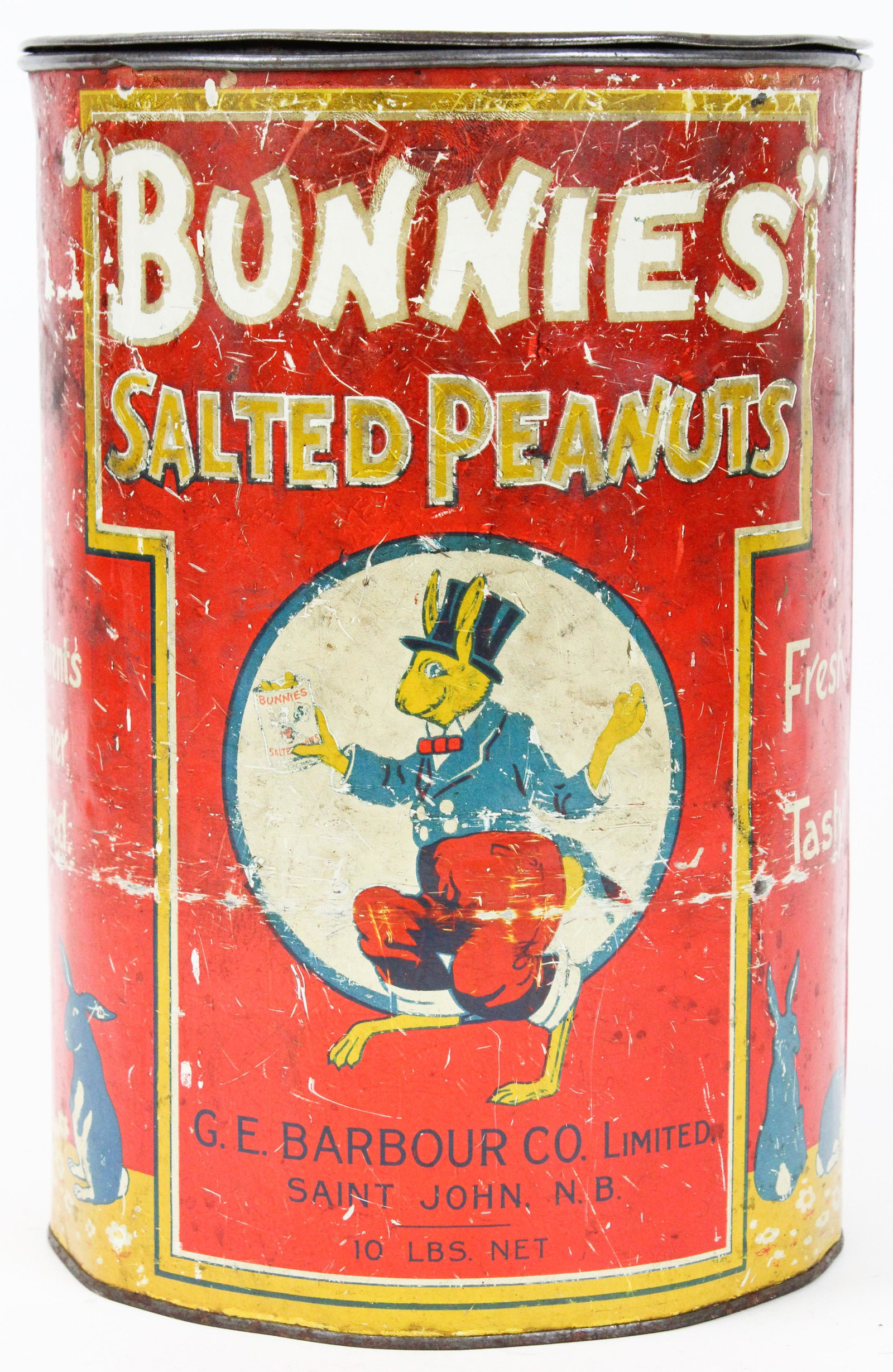 Bunnies Salted Peanuts Tin: Bunnies' Salted Peanuts 10 pound tin litho peanut tin, St John, New Brunswick, overall wear, ht 11"