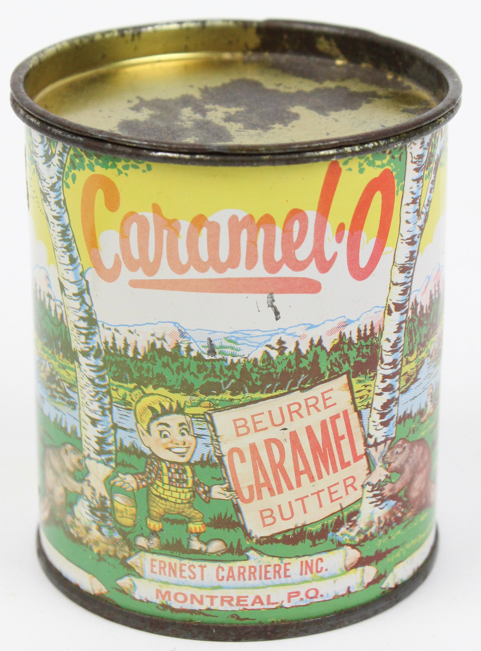 Caramel-O Caramel Butter Can: Caramel-O 15 oz. caramel butter can with lid, Ernest Carriere, Montreal, Canada, with beavers and elves, some sunfade ht 3 1/2"