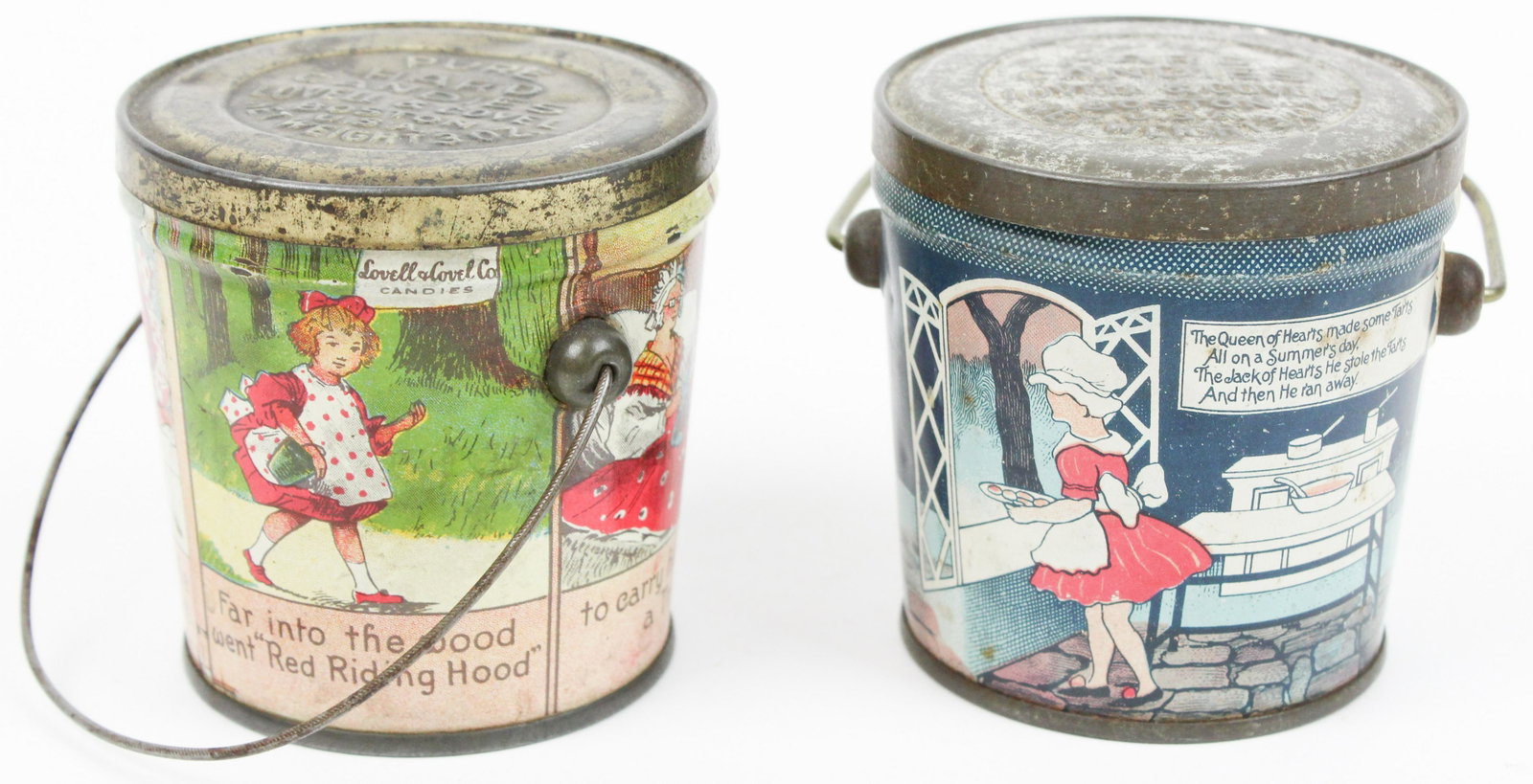 Red Riding Hood, Queen of Tarts Pails: Lovell Hard Candies, Boston Queen of Tarts, Little Red Riding Hood candy pails with lids, hts 3" each