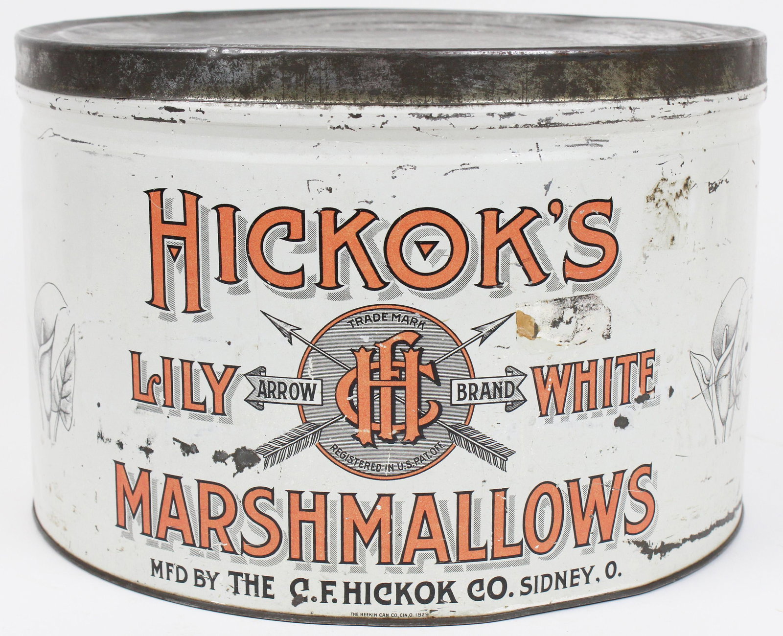 Hickok's Lily White Marshmallow Tin: Hickock's Lily White marshmallow tin, 11- 12 pounds, few dents, some wear, diameter 12"
