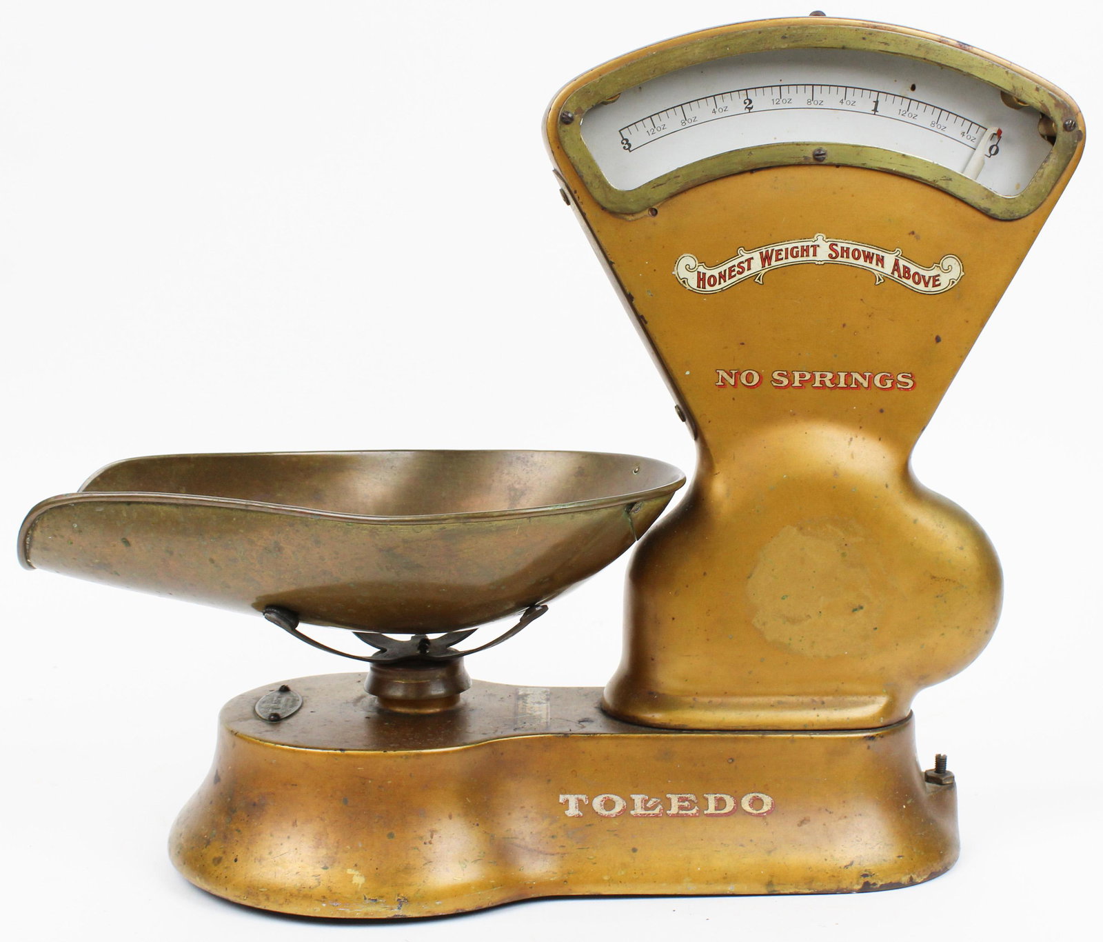 Toledo Countertop Computing Candy Scale: Toledo Countertop Computing Candy Store scale, Style number 405B, "Honest Weight Shown Above", "No Springs" decals in good condition, glass missing on front window, some oxidation near base, ht 14", l
