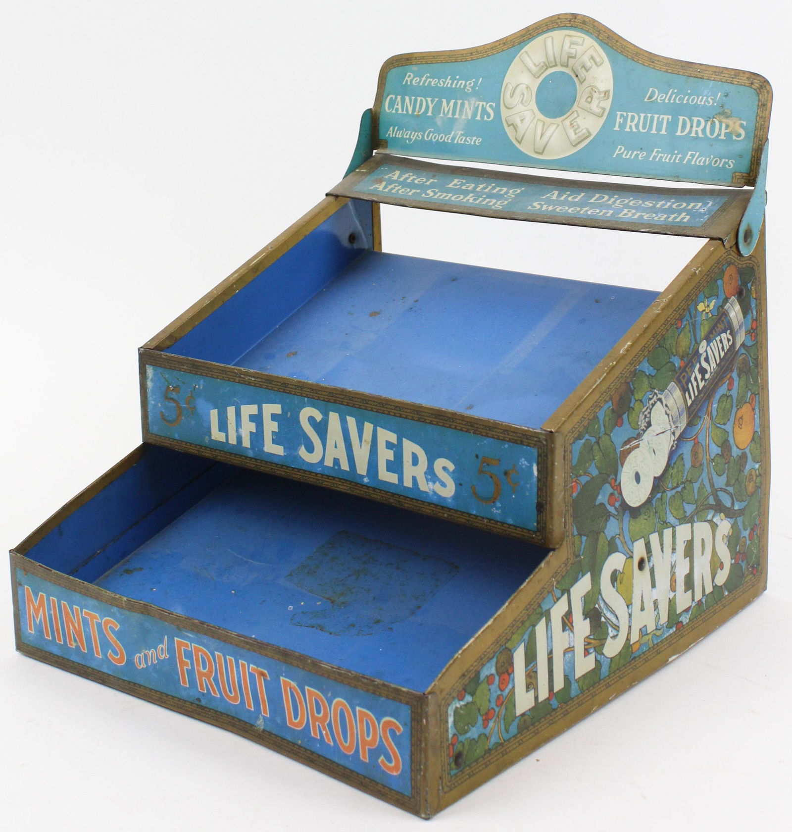 Life Savers Candy Countertop Display: Life Savers Candy tin litho countertop display rack, some oxidation, 11" x 9 1/2" x 11"