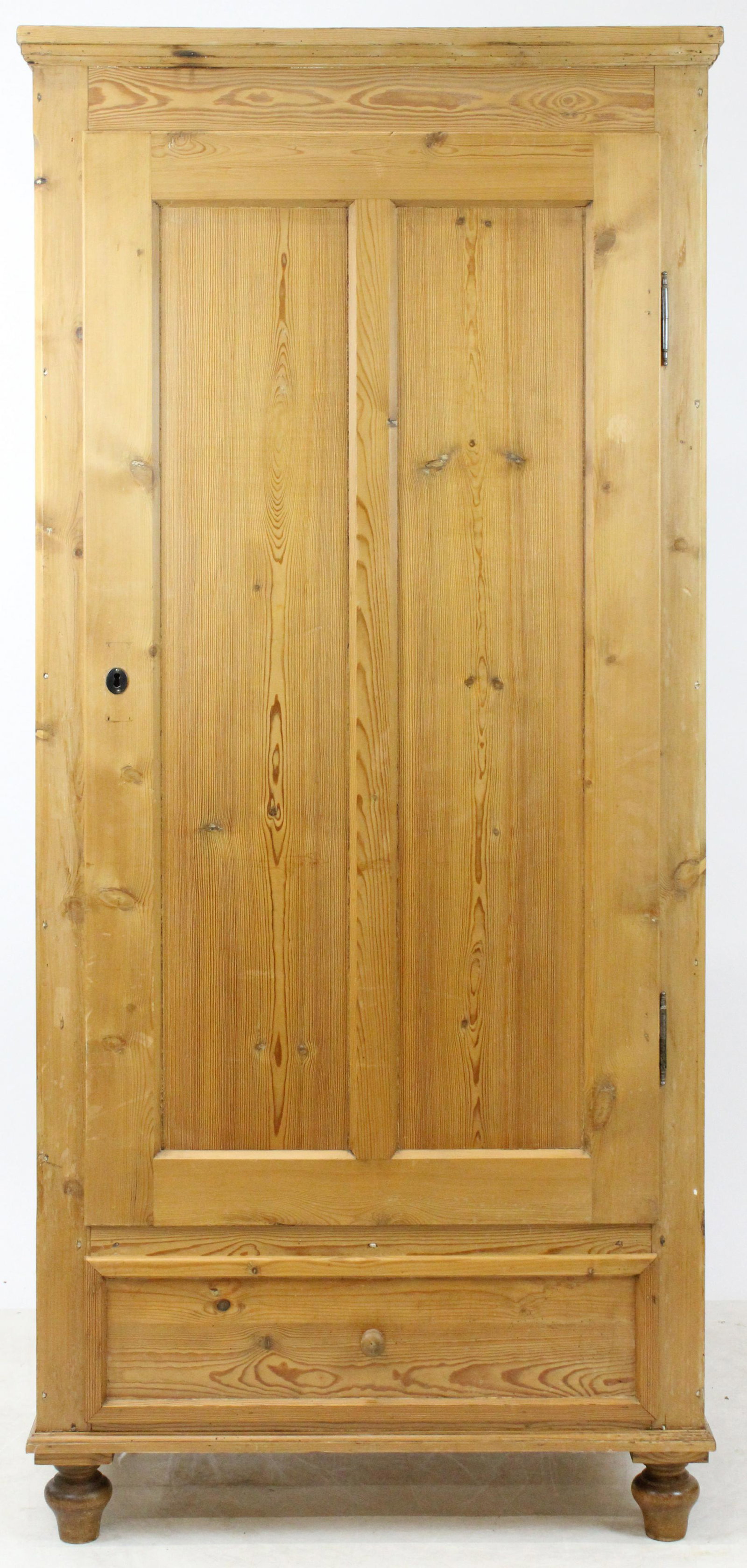 20th c Scandinavian Pine Armoire or Cupboard: 20th c Scandinavian pine armoire or cupboard, with clothing bar, and pegs inside over one drawer 77 x 34 x 21"