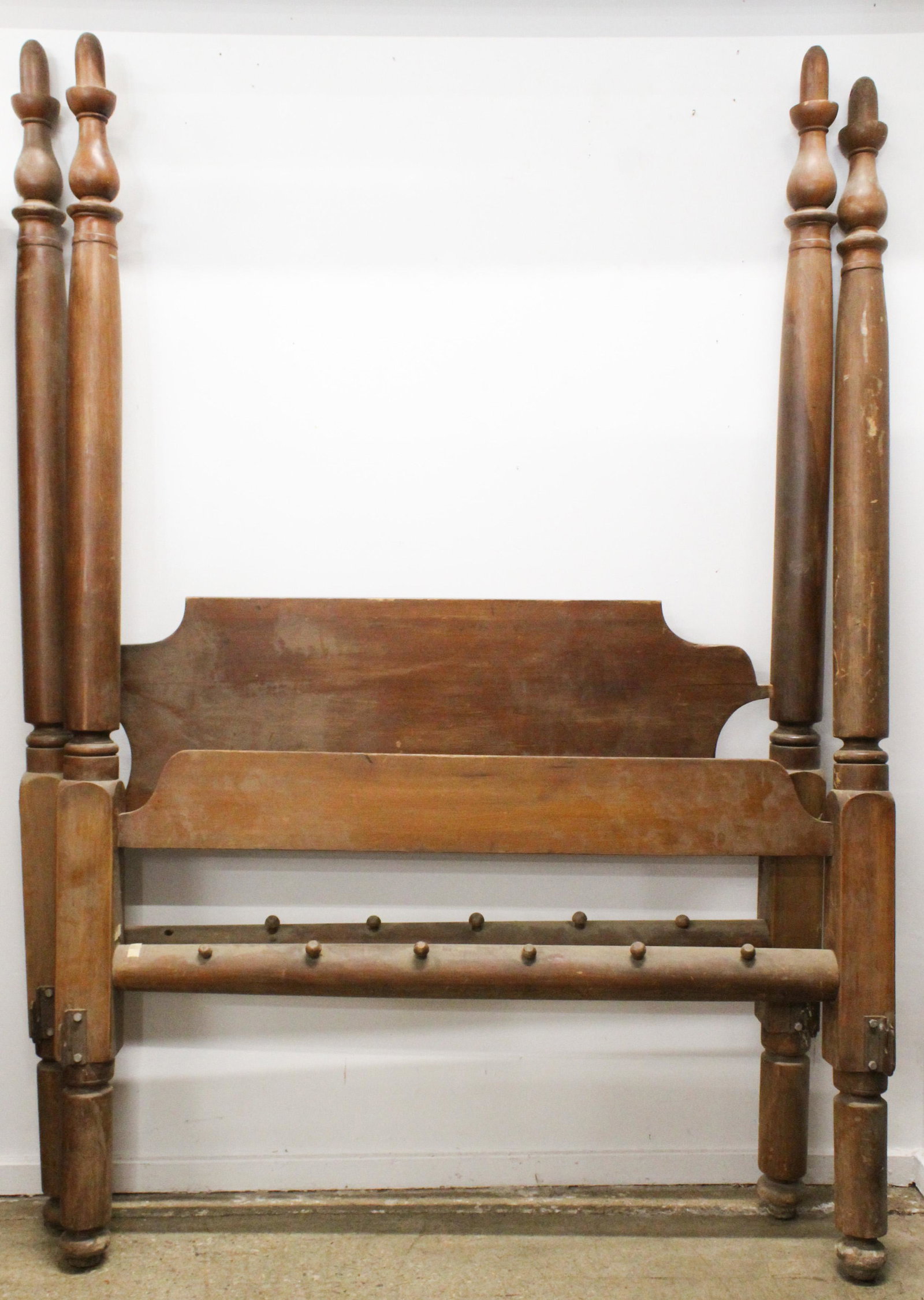 19th c Tall Post Bed: 19th c Tall Post Bed 53" wide with brackets for metal rails, 82" high.