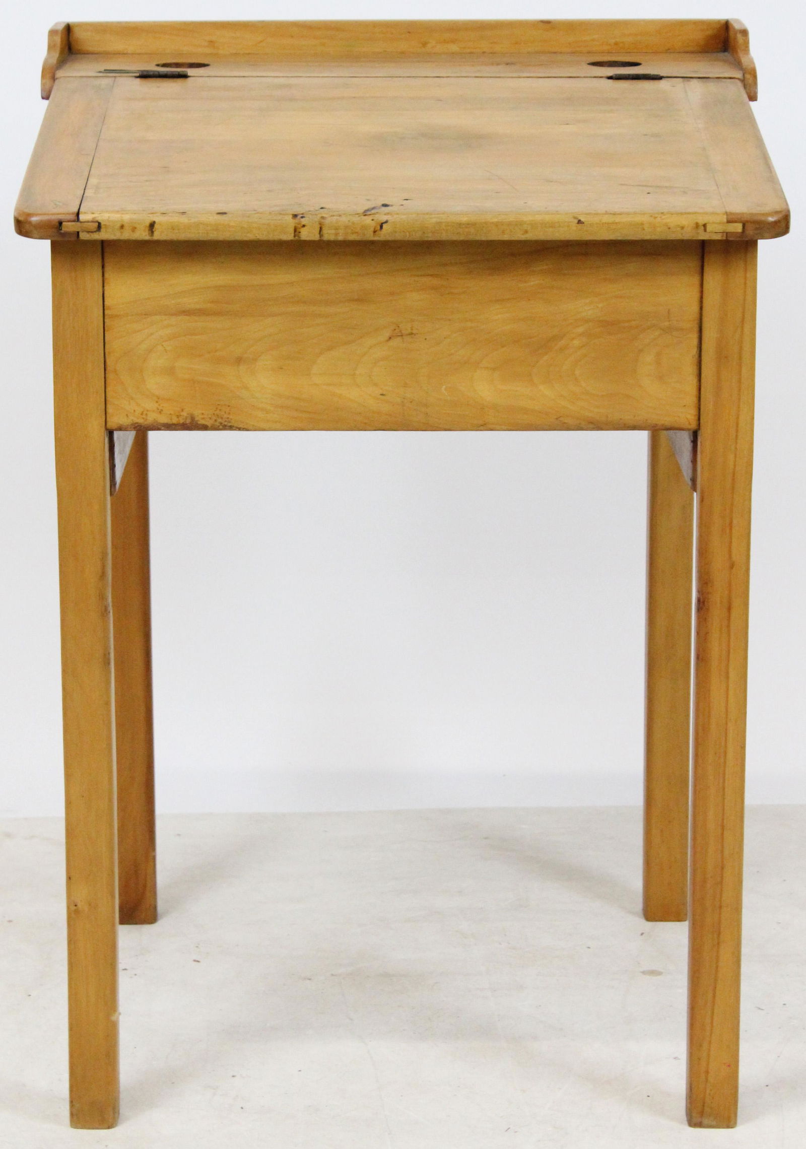 Pine Slant top writing desk: Pine slant top school desk with two inkwell holes, 21 x 21 x 31"