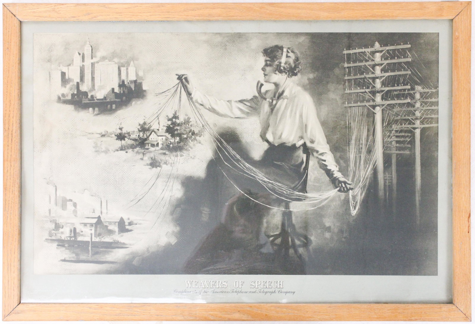 Vintage Weavers of Speech Poster: Vintage American telephone and Telegraph Company "Weavers of Speech" poster, in its original oak frame with brass number plate, 23 1/2" x 34"