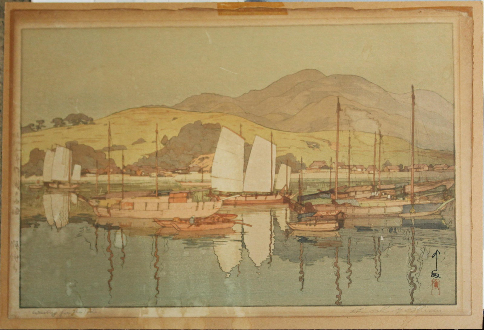 Hiroshi Yoshida (JP 1876-1950) Waiting for the Tide: Hiroshi Yoshida (Japan 1876-1950) Waiting for the tide lithograph in colors singed lower margin in English left margin in Japanese with seal, lower right, some toning laid on board. 11 x 16"
