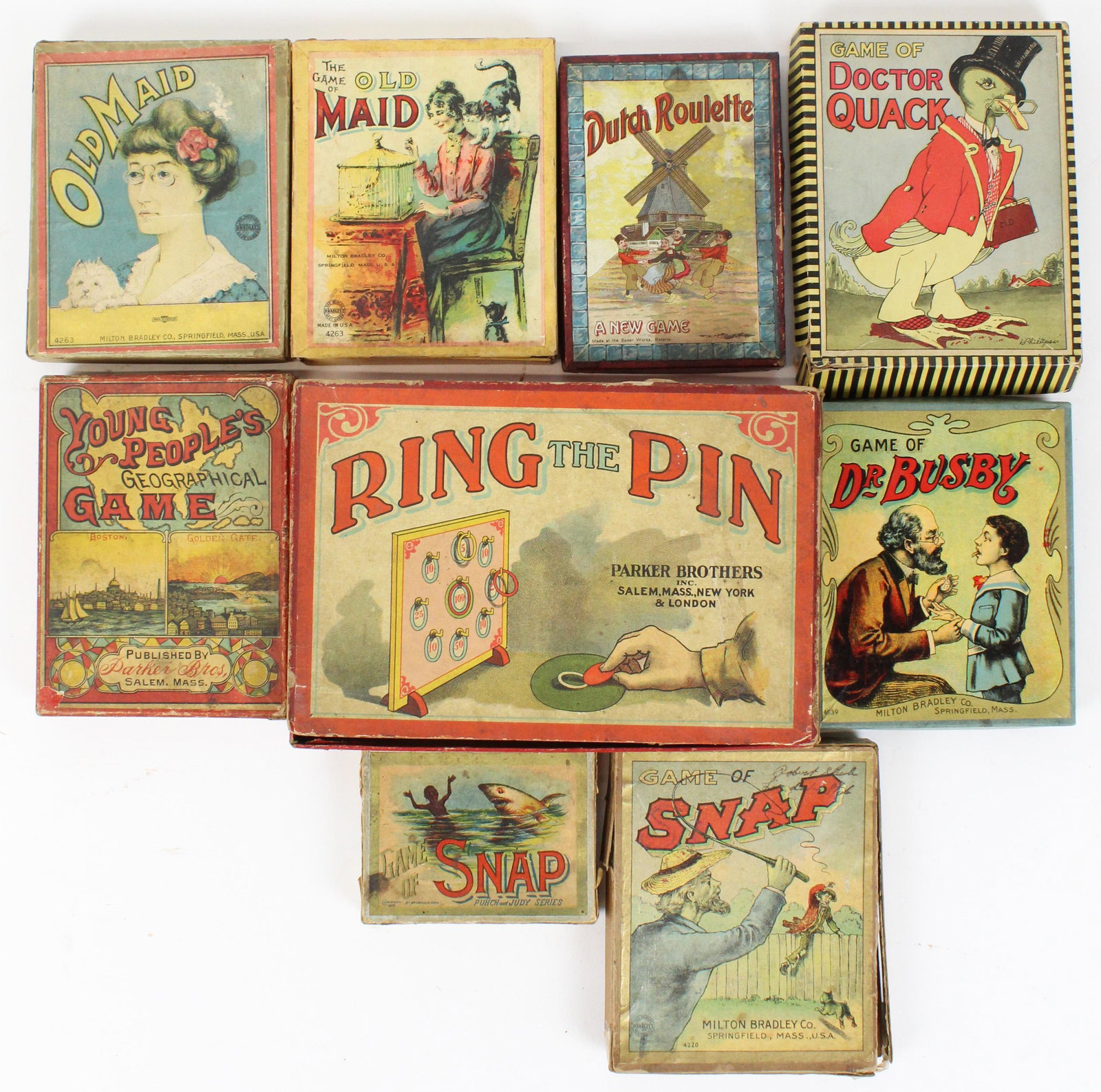 Late 19th- Early 20th c Boxed Games: Late 19th- early 20th c games including Snap, Old Maid, Dr Busby, Doctor Quack, Ring the Pin, etc, sizes from 4 1/4" to 9 1/2" (games not collated for completeness)