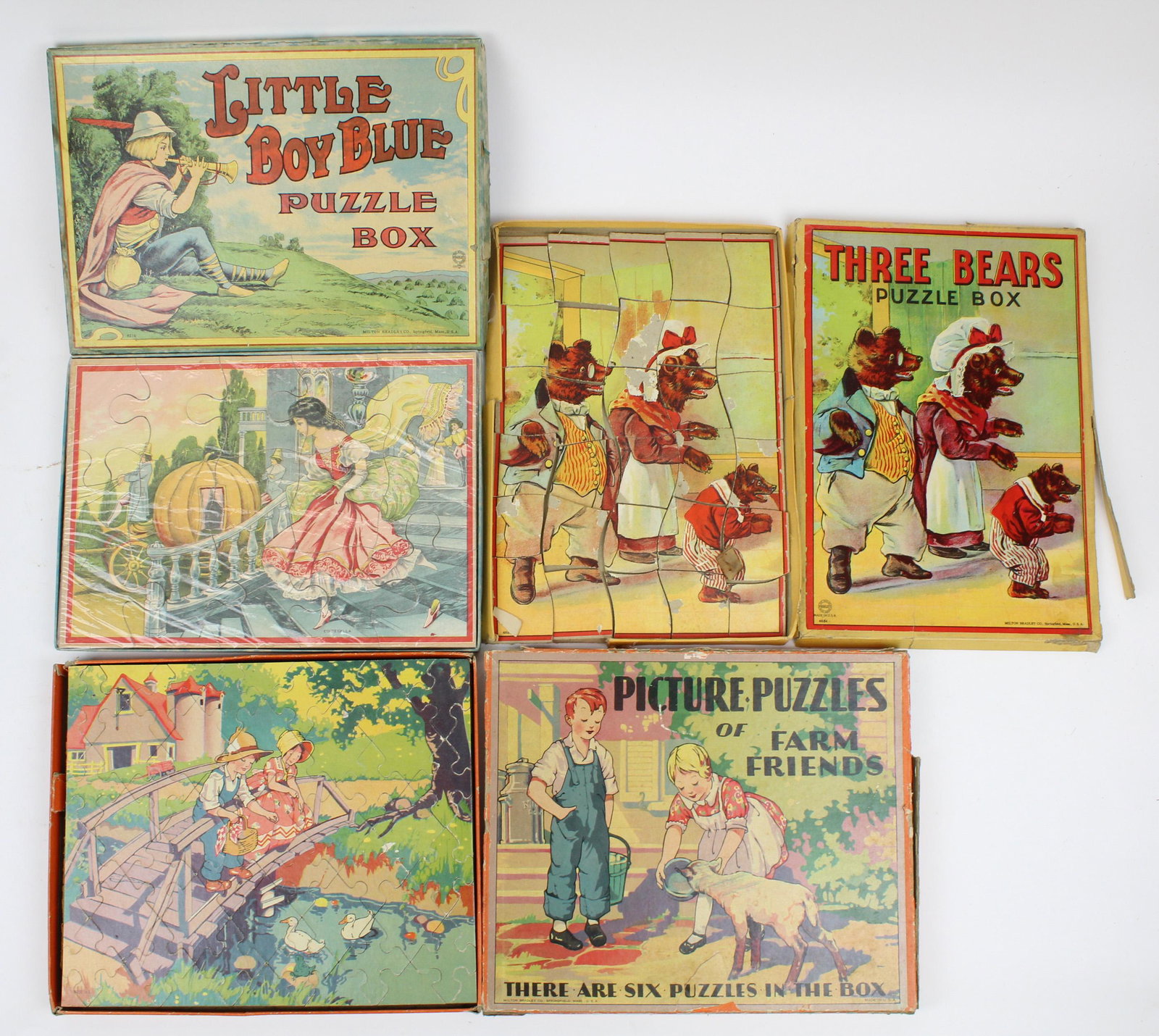 Three Bears, Little Boy Blue Puzzle Boxes: Milton Bradley "Three Bears", Little Boy Blue", "Pictures of Farm Friends" puzzle boxes,