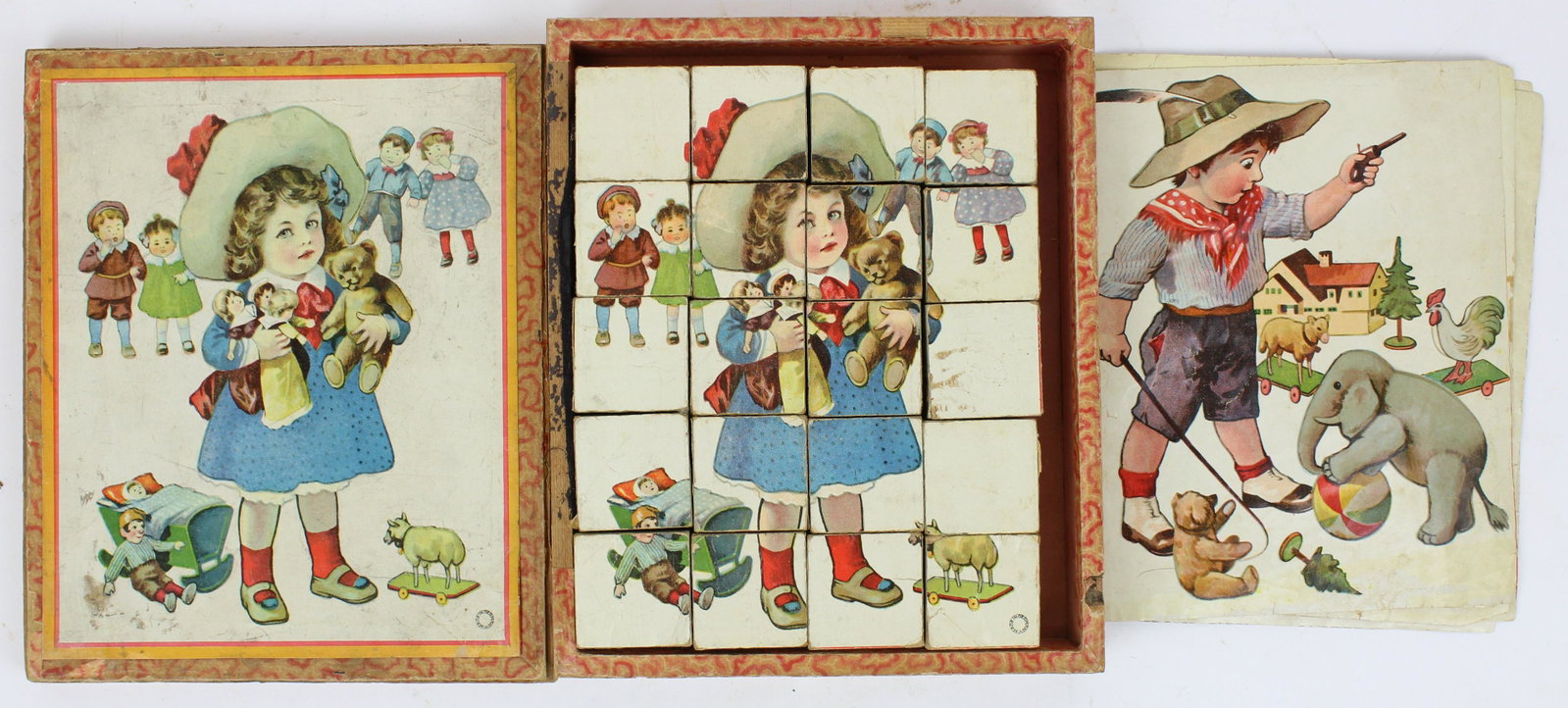 German Color Litho Wooden Puzzle Blocks: German color litho wooden puzzle blocks in box, with 5 representative prints (the sixth is the lid), 9 11/2" x 7 1/2" x 2"