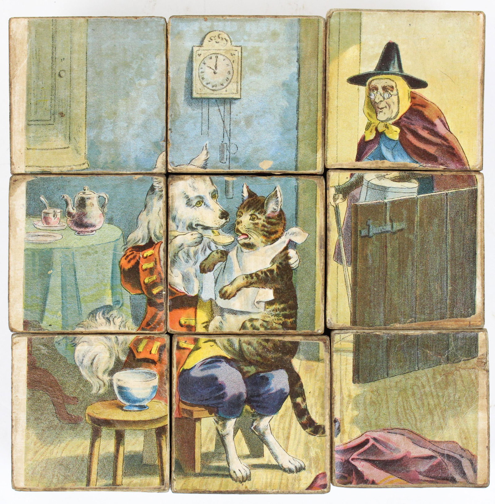 German Color Litho Puzzle Blocks: German color litho puzzle blocks (no box), large paper litho on wood Mother Goose type, set of 9 blocks, 2 3/4" x 2 /34" x 2 3/4"