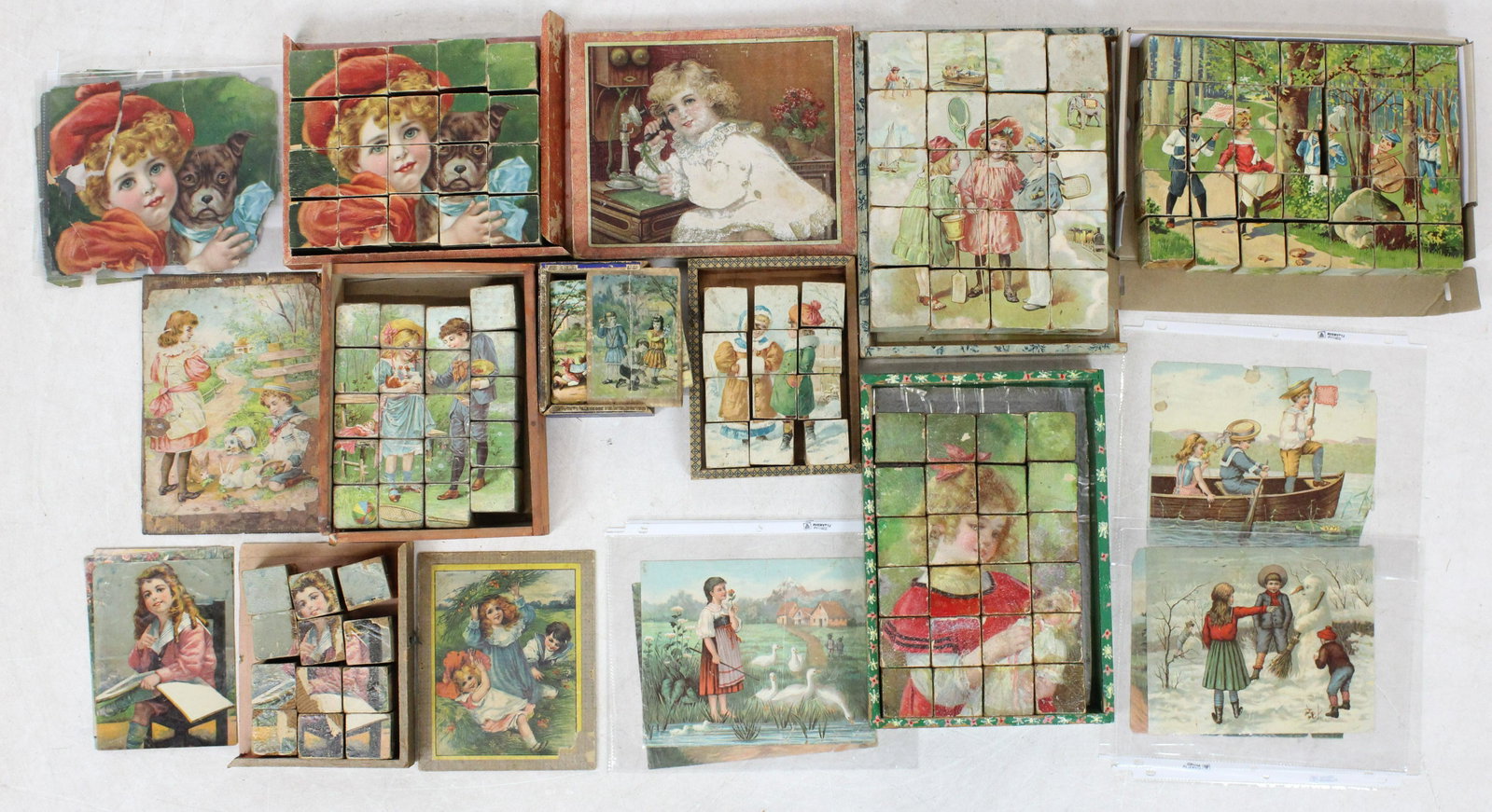 German Color Litho Puzzle Block Sets: German color litho puzzle block sets (8 sets), partial boxes, varying conditions, 4" x 5 1/2" to 9" x 13"