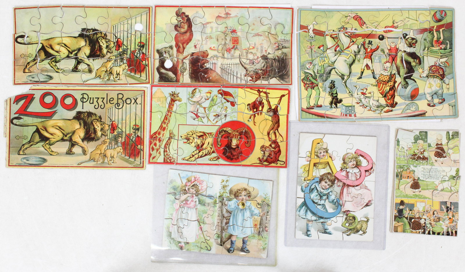German Color Litho Puzzles: German color litho puzzles (8 pcs), all lacking boxes, 2 or 3 damaged puzzle pcs, sizes from 9" x 15" to 12" x 18"