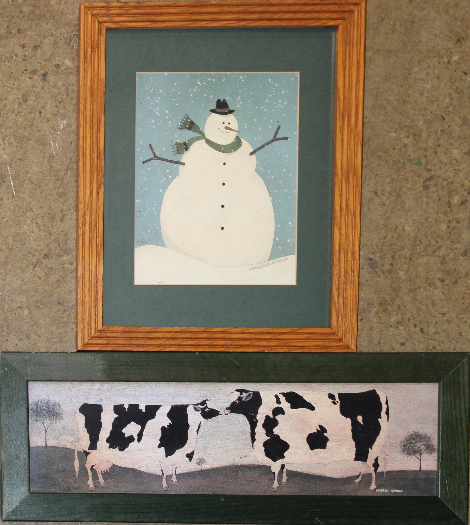 Two Warren Kimball (VT 1935-) Lithographs: Two Warren Kimball (Vermont 1935) Two offset lithographs signed in plate - Snowman 8 x 9" Two Cows 6 x 19"