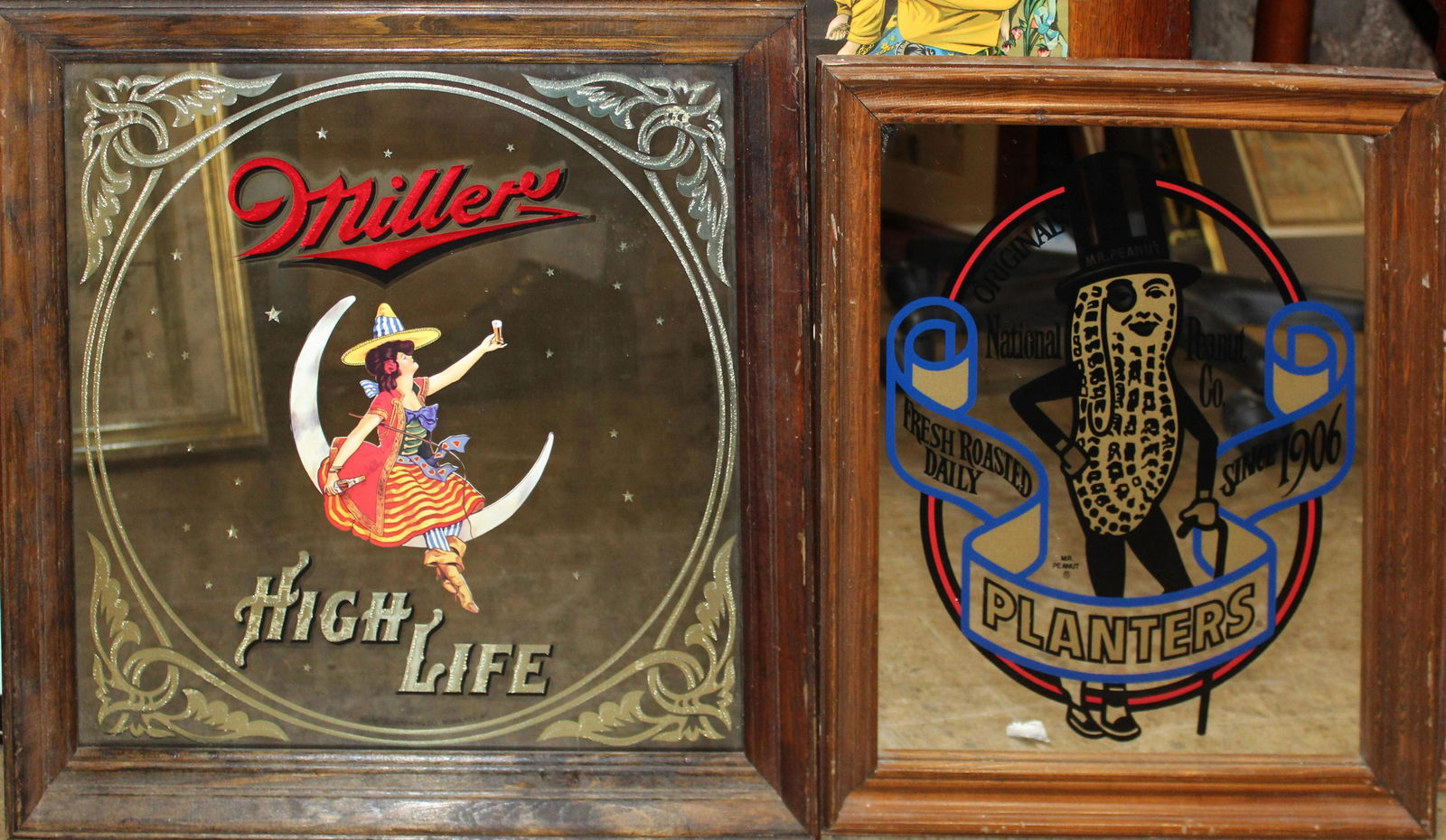 Five mid 20th c Advertising mirrors: Five mid 20th c Beer advertising mirrors 16 x 16" to 16 x 23" Miller High Life, Molson, Planter's Peanuts, Jameson Whiskey, Michelob