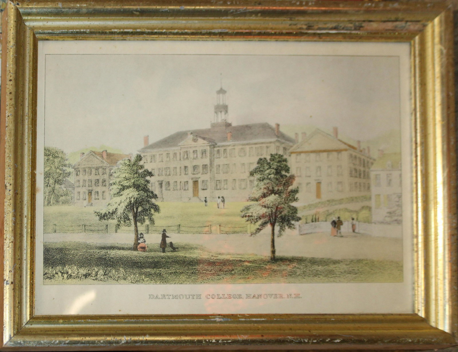Dartmouth College Litho in Lemongold Frame: Dartmouth College hand colored lithograph in lemon gold frame opening 12 x 16" - 14 x 18"