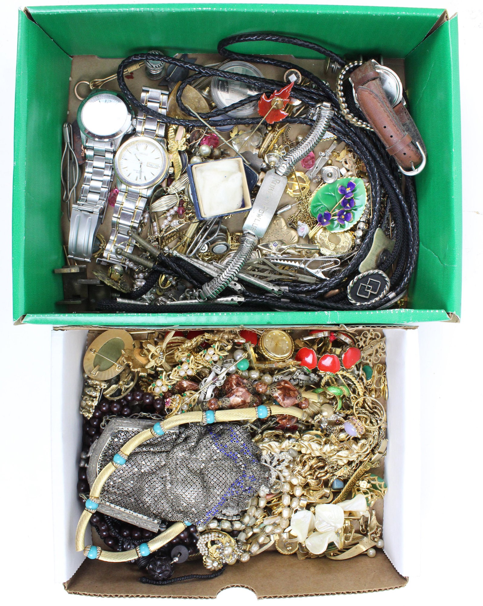 Group of Vintage Costume Jewelry, Watches: Group of Vintage Costume Jewelry and watches including sterling ID bracelet, 1920's mesh handbag, Victorian rolled gold lockets, bollo ties, 1950's, etc.