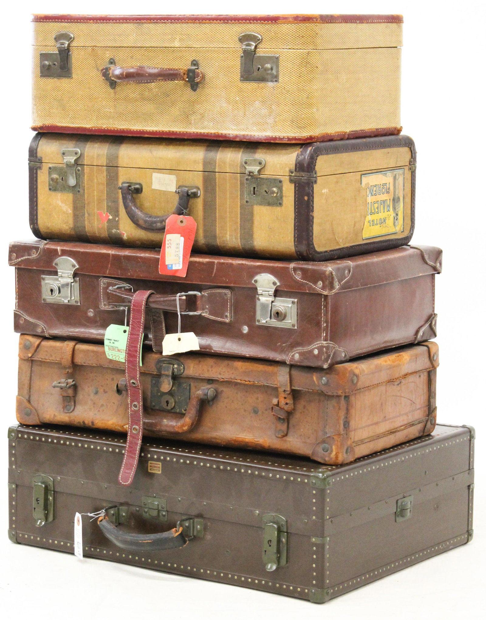 Group of 5 pcs. Vintage 1940's Luggage: Group of 5 pcs. 1940's Luggage including two woven tweed suitcases, leather cases, some having vintage European travel stickers