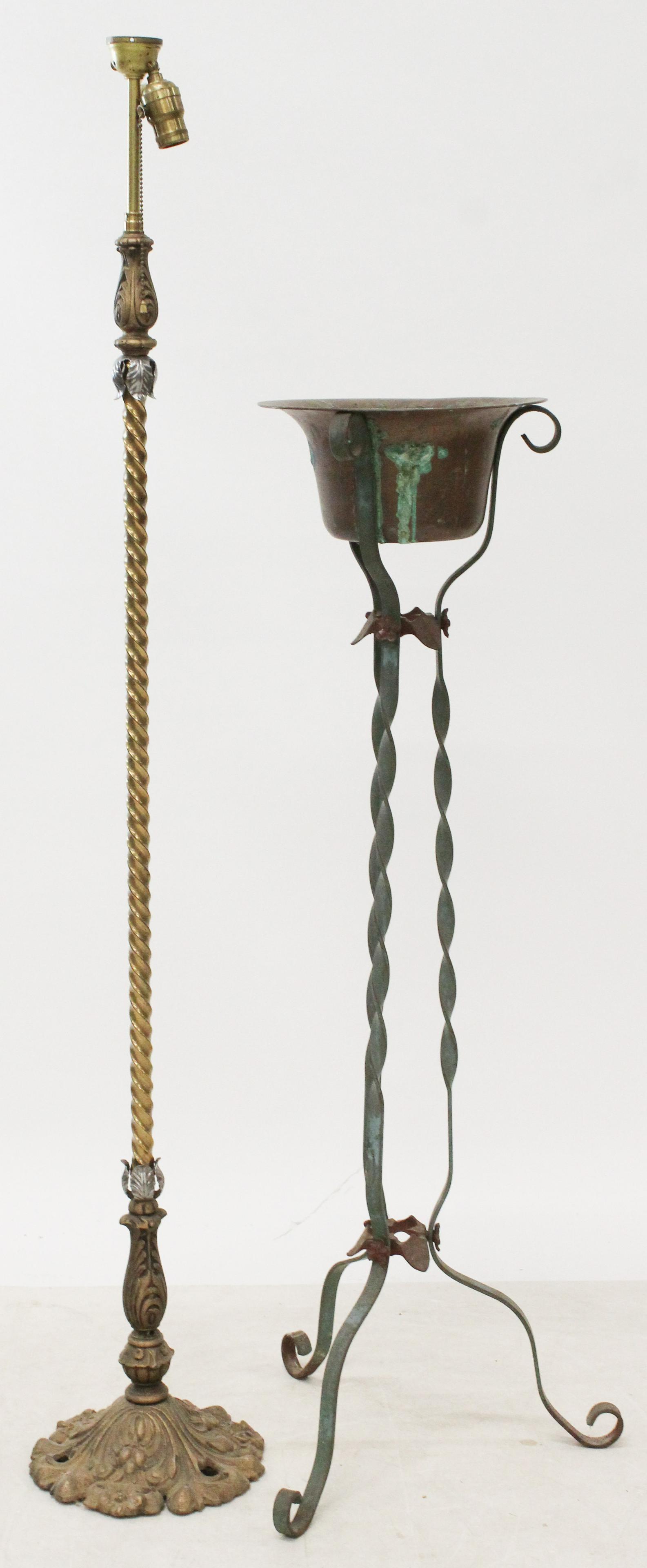 Copper and Iron Fern Stand and 1920's Floor Lamp: early 20th c. wrought iron fern or plant stand with copper basin liner having traces of old red and green paint on base, accompanied by a 1920's twisted brass floor lamp with heavily ornamented gilt c