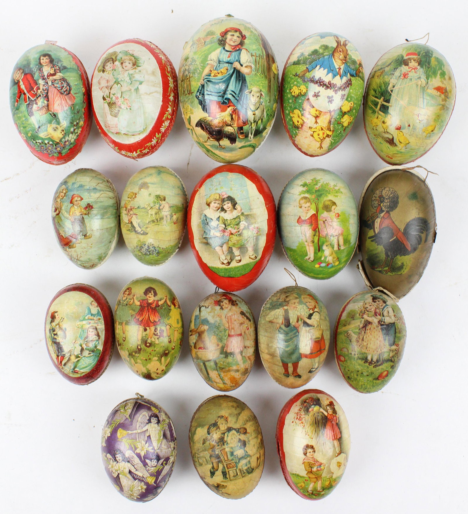 18 Easter Egg Candy Containers: 18 medium Easter Egg Candy Containers, color litho with Dresden trim, paper mache and boxboard, sizes 4" to 6 1/2"
