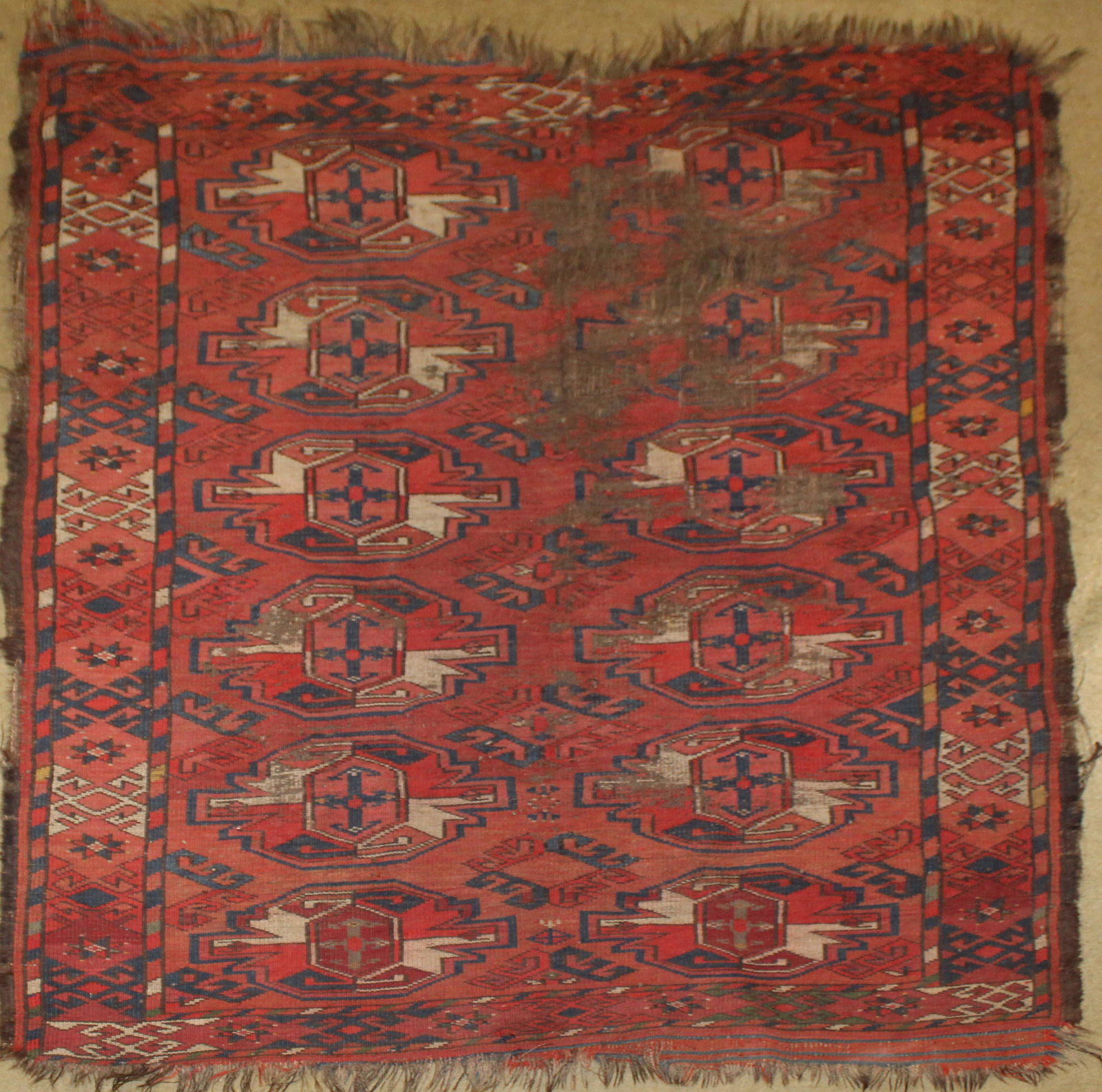 Tekke Sariq Rug: Tekke Sariq Area Rug with uneven wear as found 3 x 5'