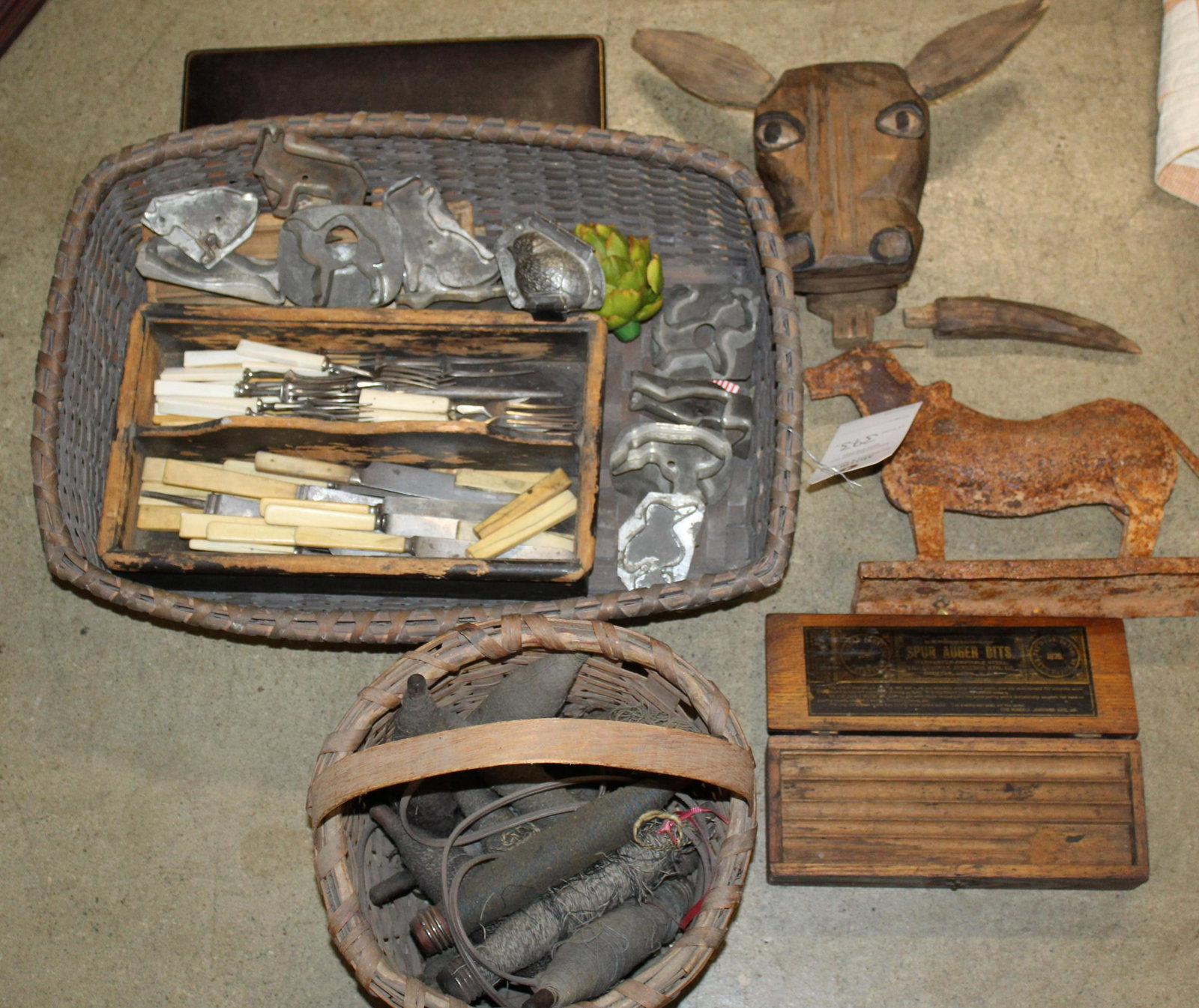 Lot of Country Primitives,: Lot of Primitives including 19th c Cutlery, Cased sets, baskets, Cookie cutters, Chick Chocolate mold.