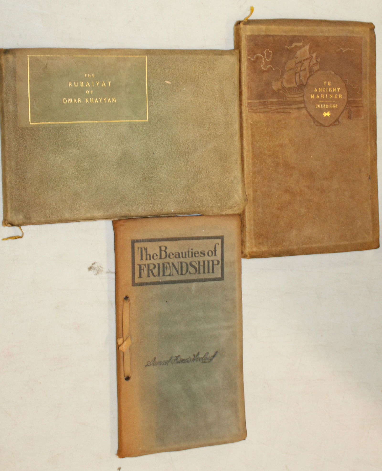 Two Roycrofter's Bound Books: Roycrofter's Ye Rime of Ye Ancient Mariner and John Hay- Rubiyat of Omar Khyyam signed and numbered by Elbert Hubbard , non Roycroft " The Beauties of Friendship" Included.