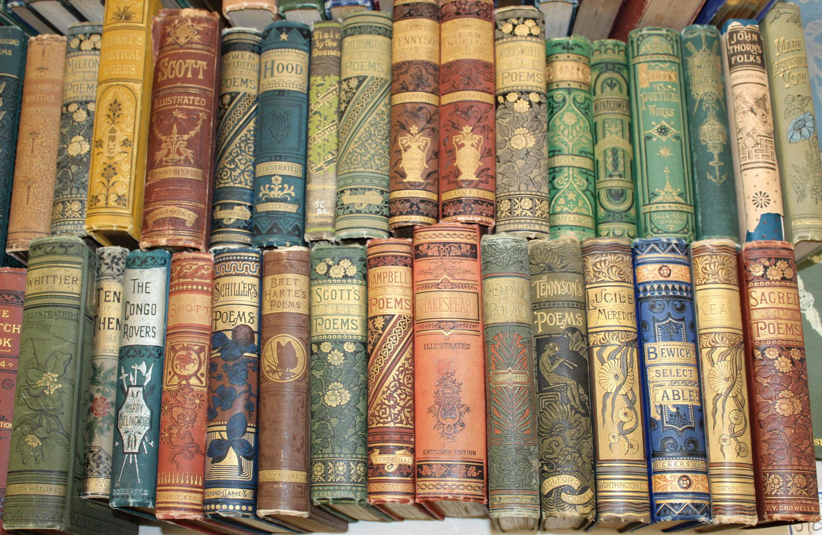 Collection of Victorian Poetry in Gilt Bindings: Collection of Victorian Poetry books with Decorative gilt bindings Approximately 60 Volumes. Burns, Shakespeare, Dickens, Tennyson, Scott etc.
