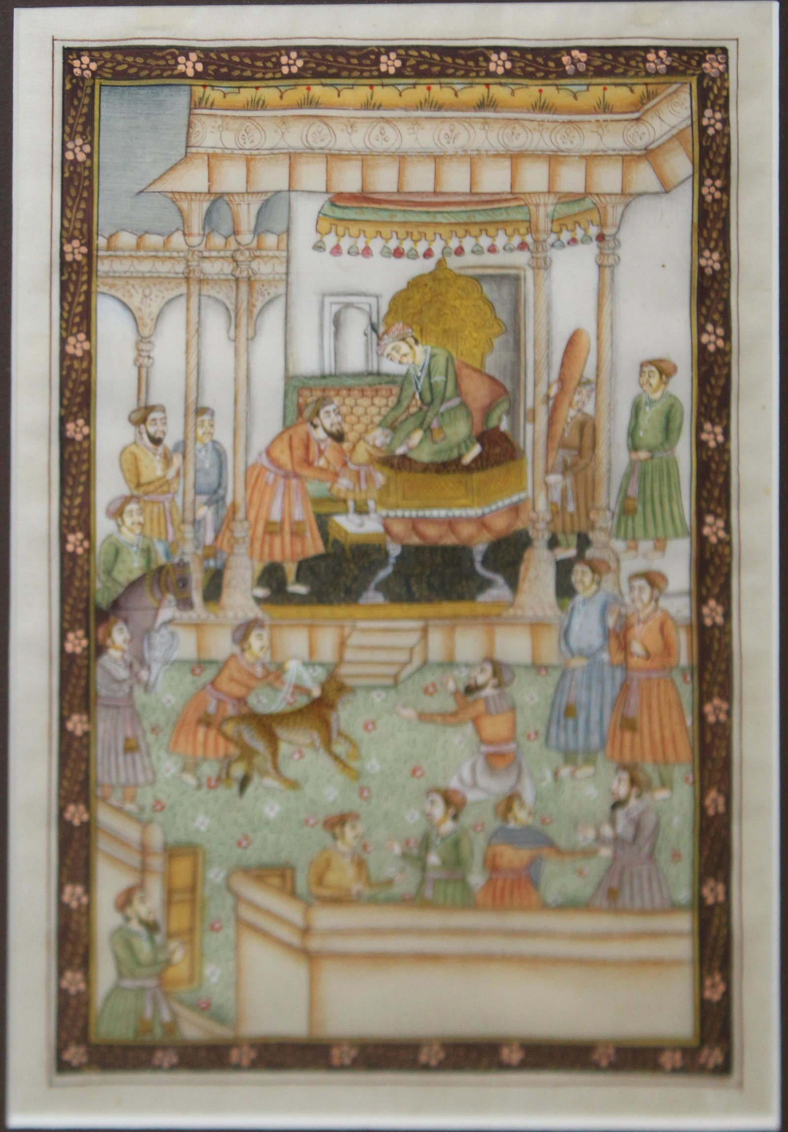 Persian/Mughal manuscript painting on vellum: Persian/ Mughal manuscript painting on vellum featuring courtiers presenting wild beasts 9 x 5.5"