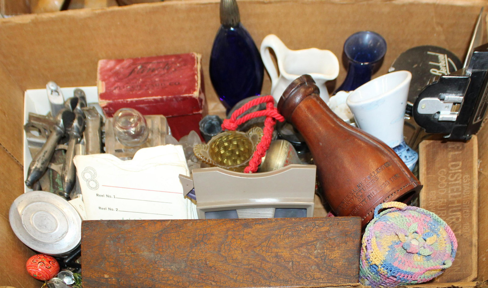 Misc lot including Inkwells,: Misc Lot including Lalique type bulldog, dice roller, Flinch cards, Nutcrackers, Advertising brush, Viewmaster etc.
